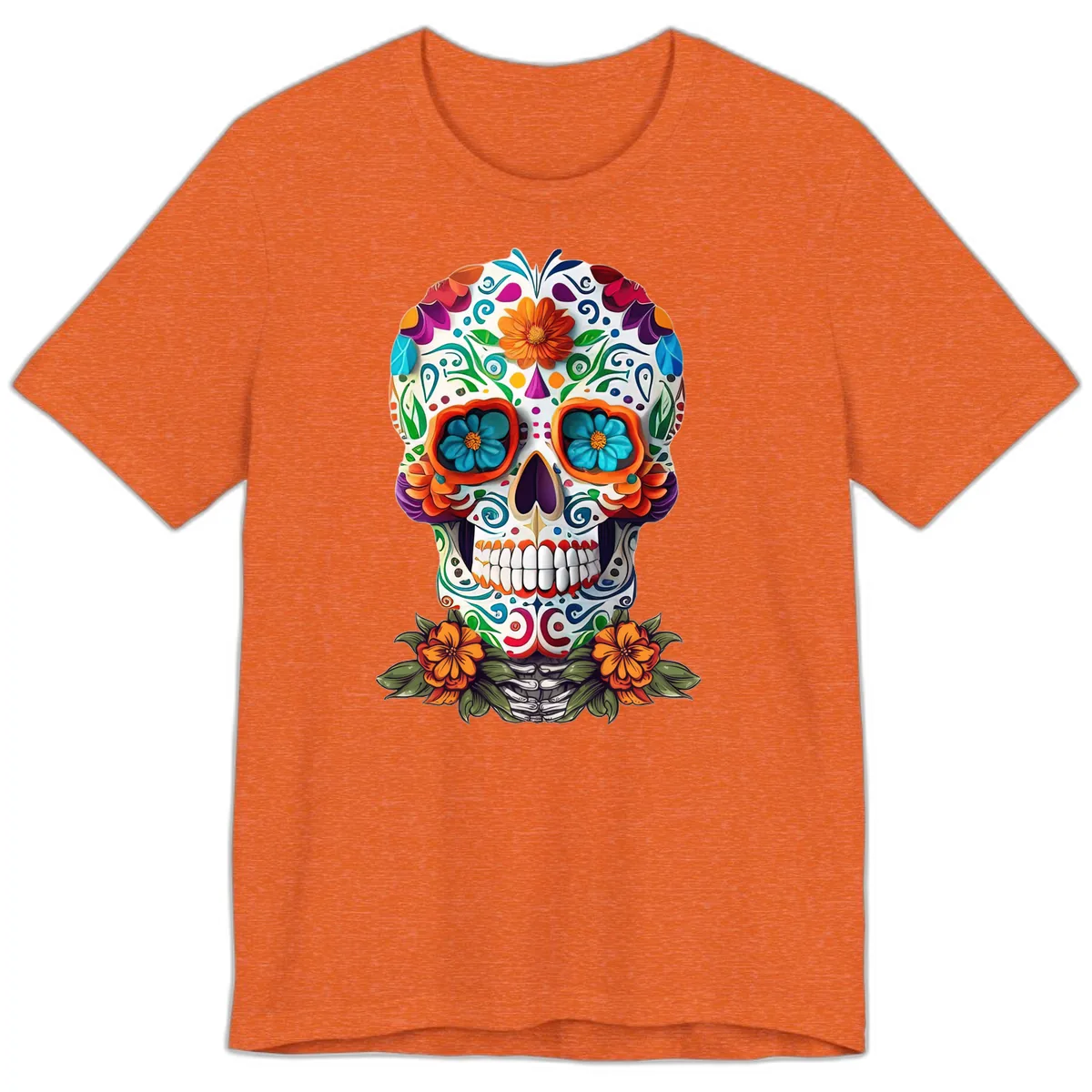 Vibrant Floral Calavera Day of the Dead Skull Premium T-Shirt in Heather Orange