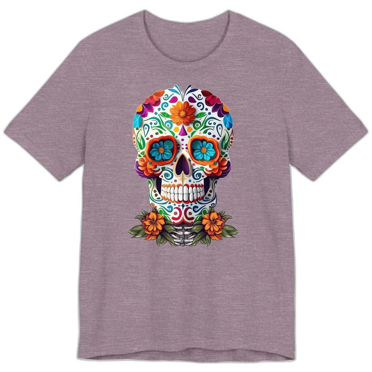 Vibrant Floral Calavera Day of the Dead Skull Premium T-Shirt in Heather Purple