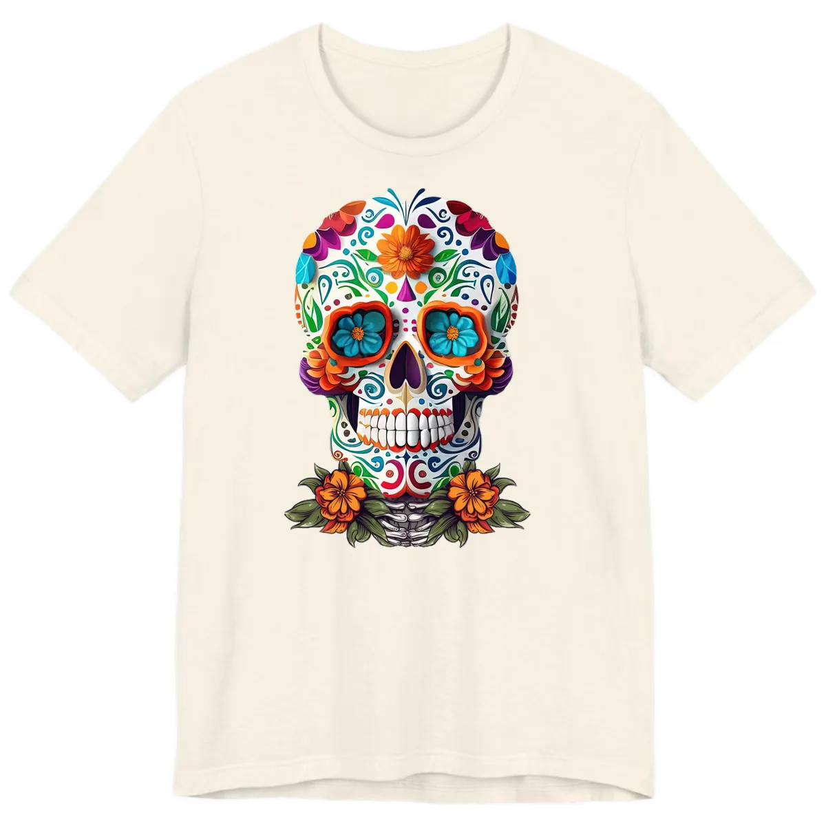 Vibrant Floral Calavera Day of the Dead Skull Premium T-Shirt in Natural