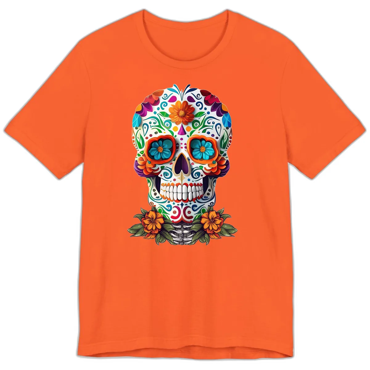 Vibrant Floral Calavera Day of the Dead Skull Premium T-Shirt in Orange