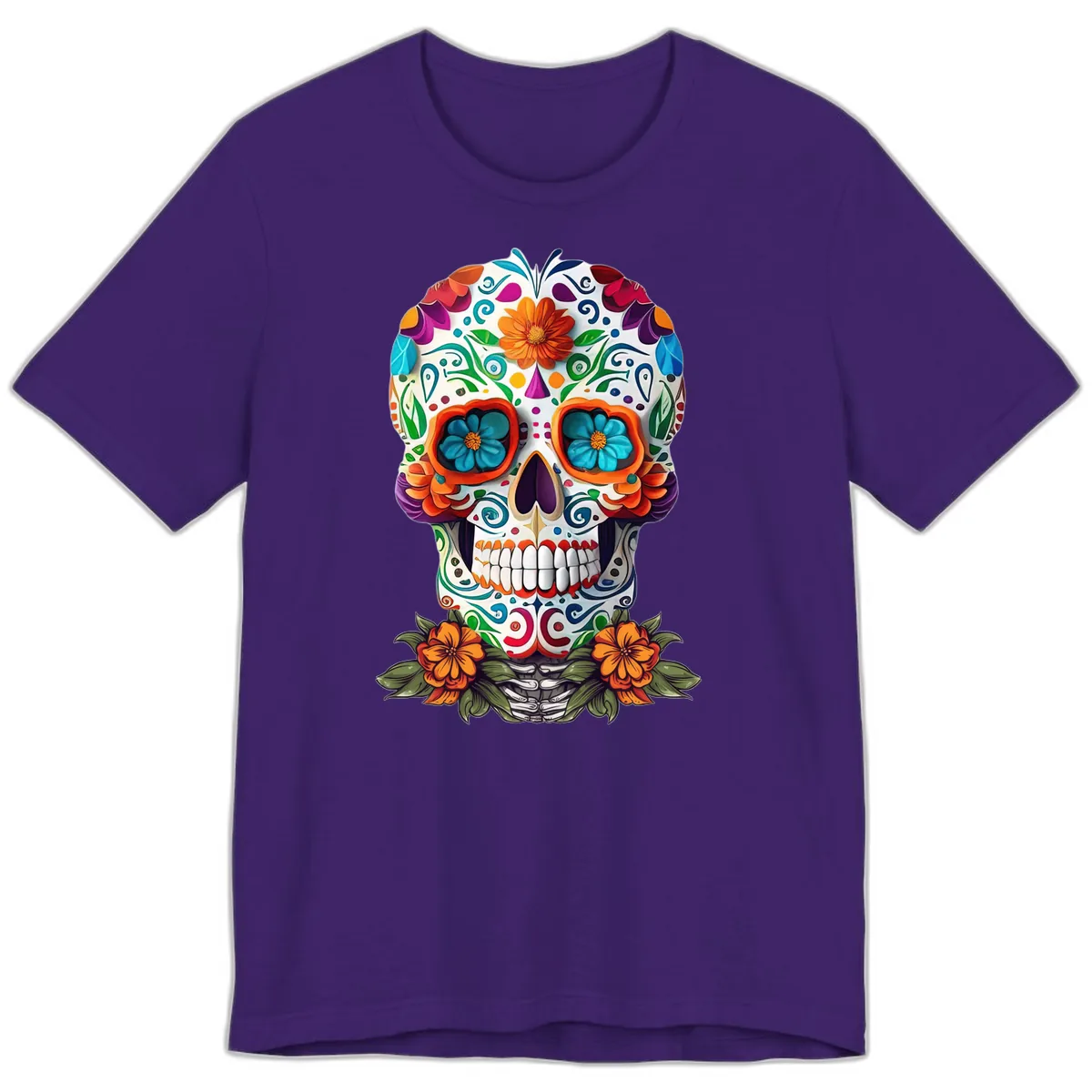 Vibrant Floral Calavera Day of the Dead Skull Premium T-Shirt in Team Purple