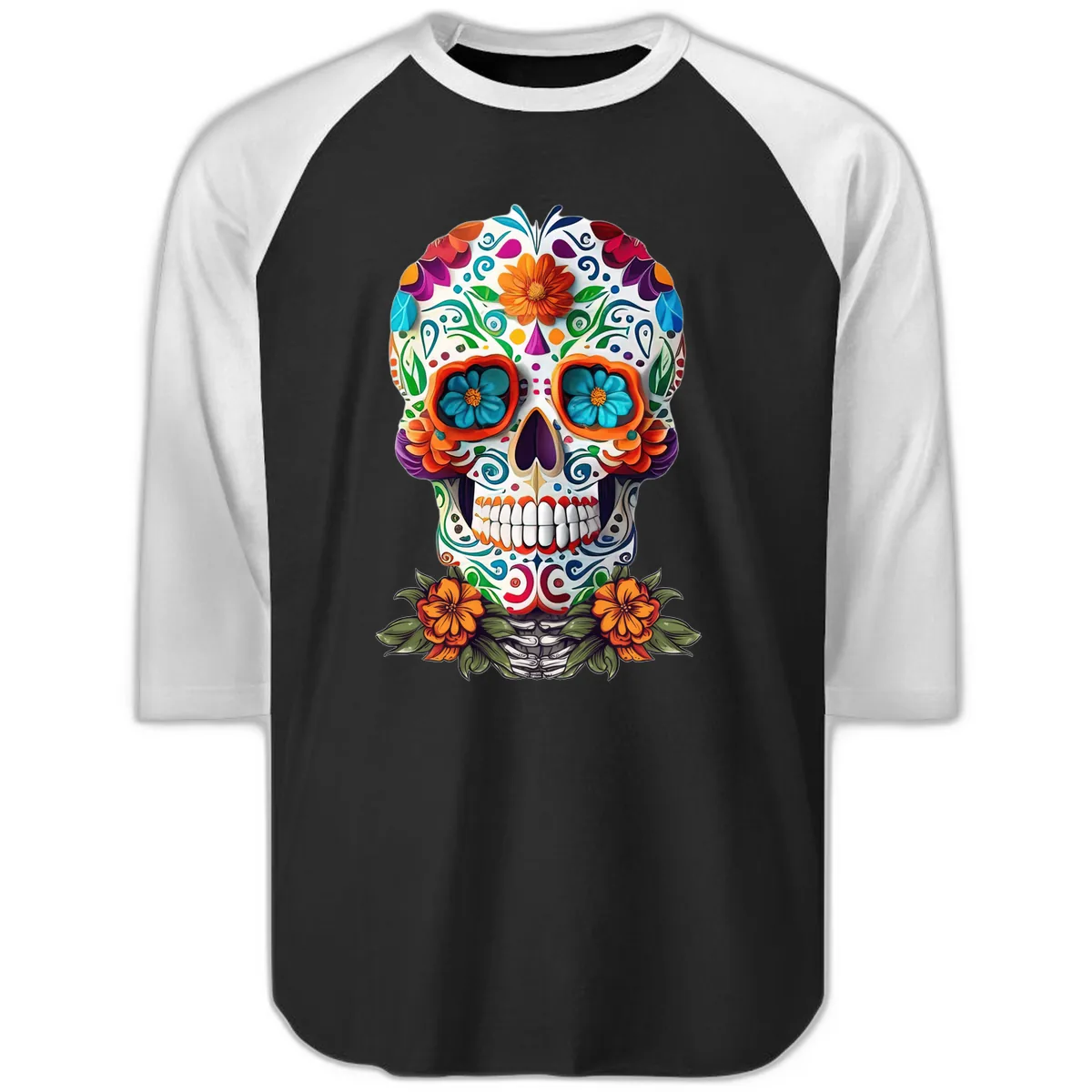 Vibrant Floral Calavera Day of the Dead Skull Raglan 3/4 in Black White