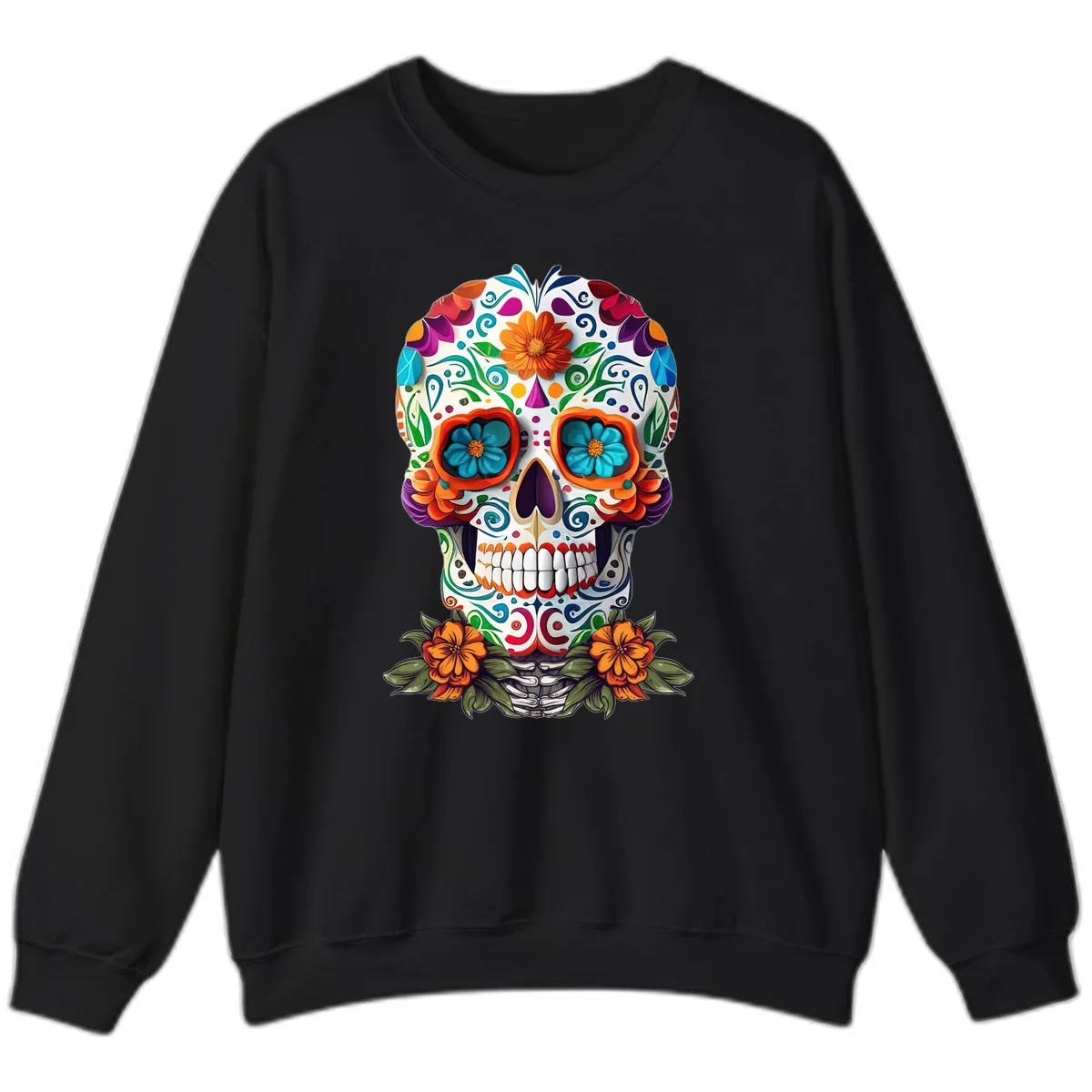 Vibrant Floral Calavera Day of the Dead Skull Sweatshirt in Black