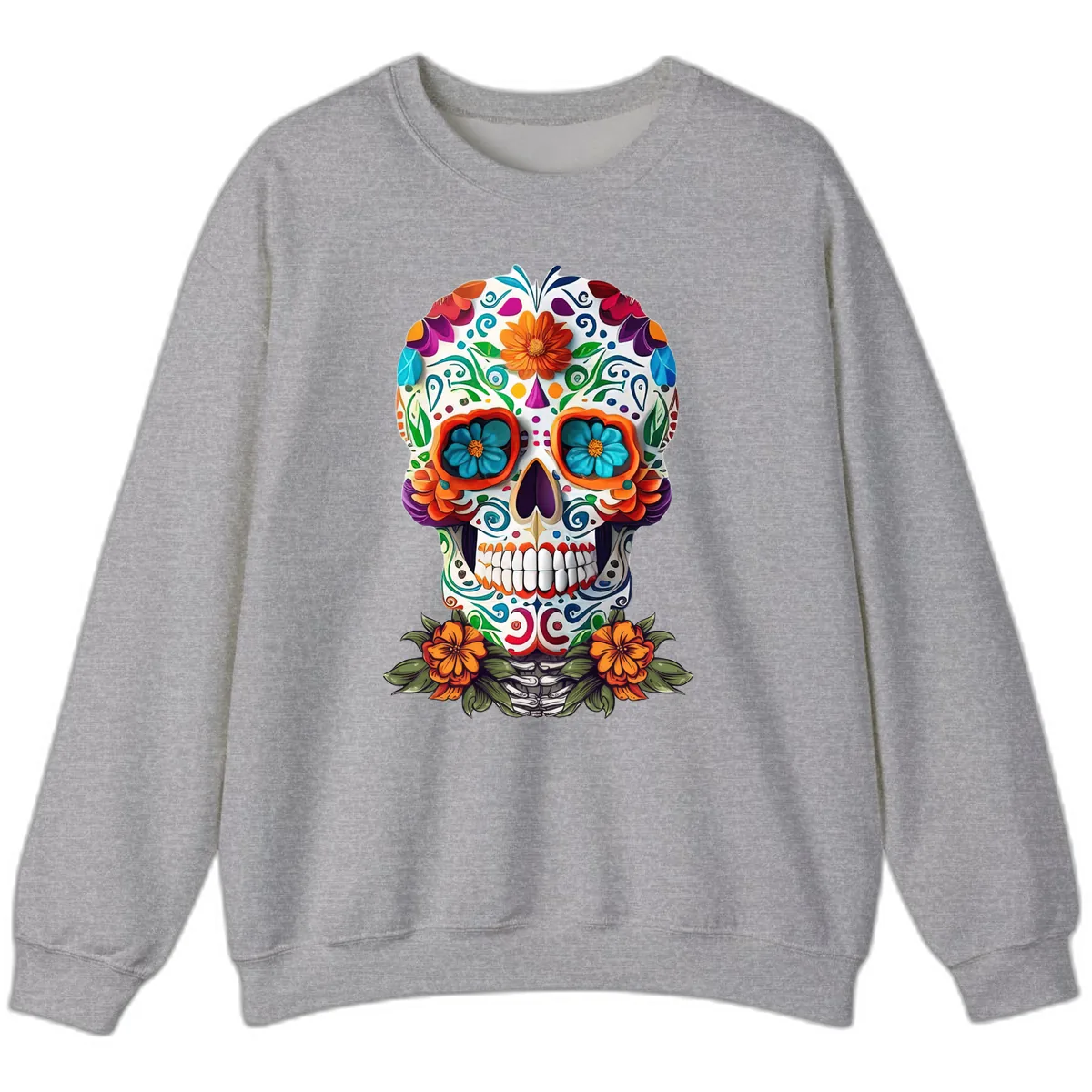 Vibrant Floral Calavera Day of the Dead Skull Sweatshirt in Sport Grey