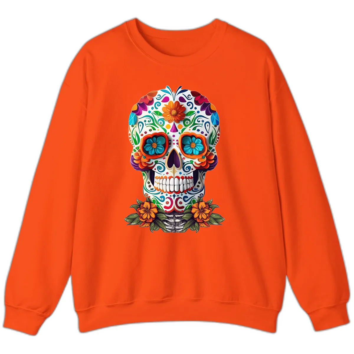 Vibrant Floral Calavera Day of the Dead Skull Sweatshirt in Orange