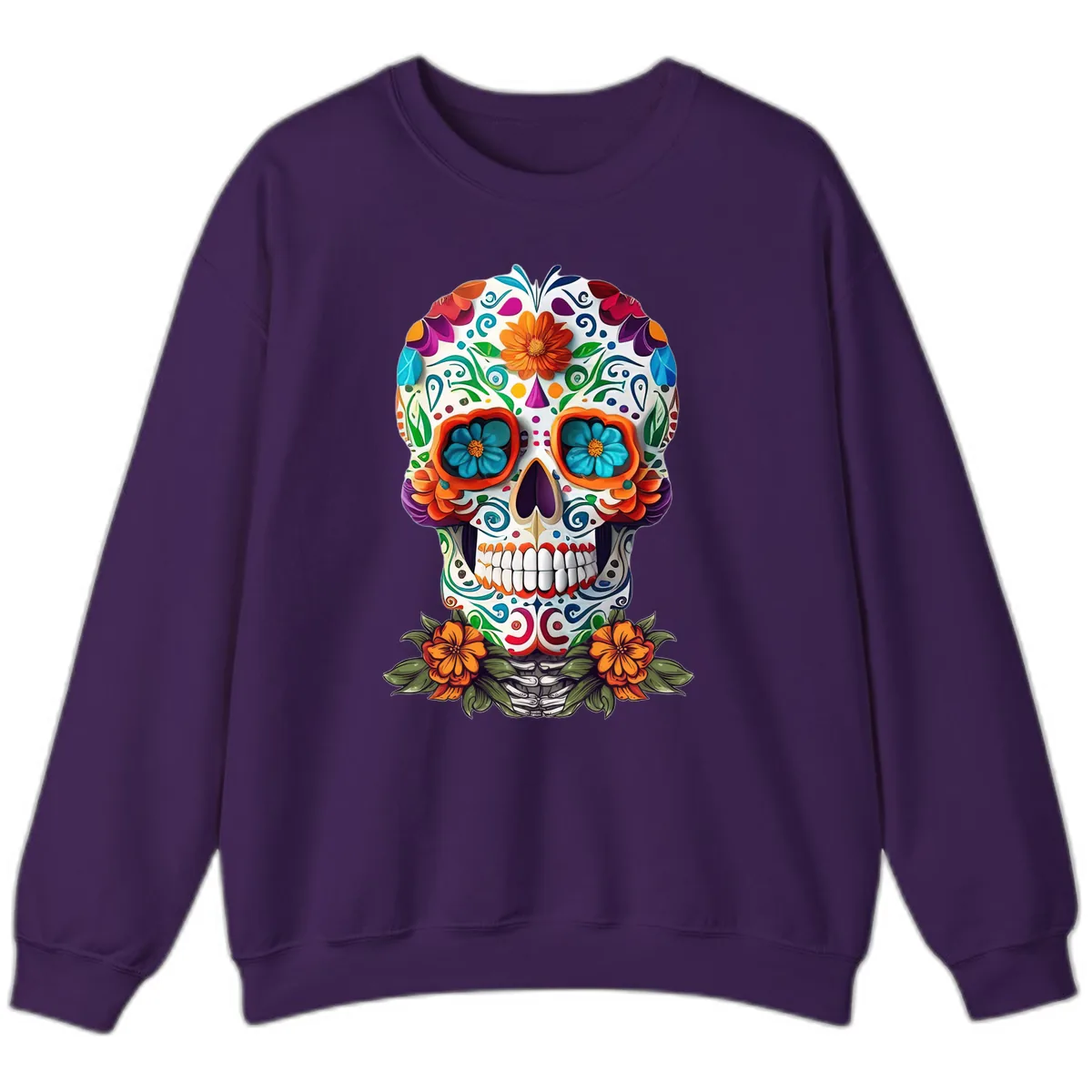 Vibrant Floral Calavera Day of the Dead Skull Sweatshirt in Purple