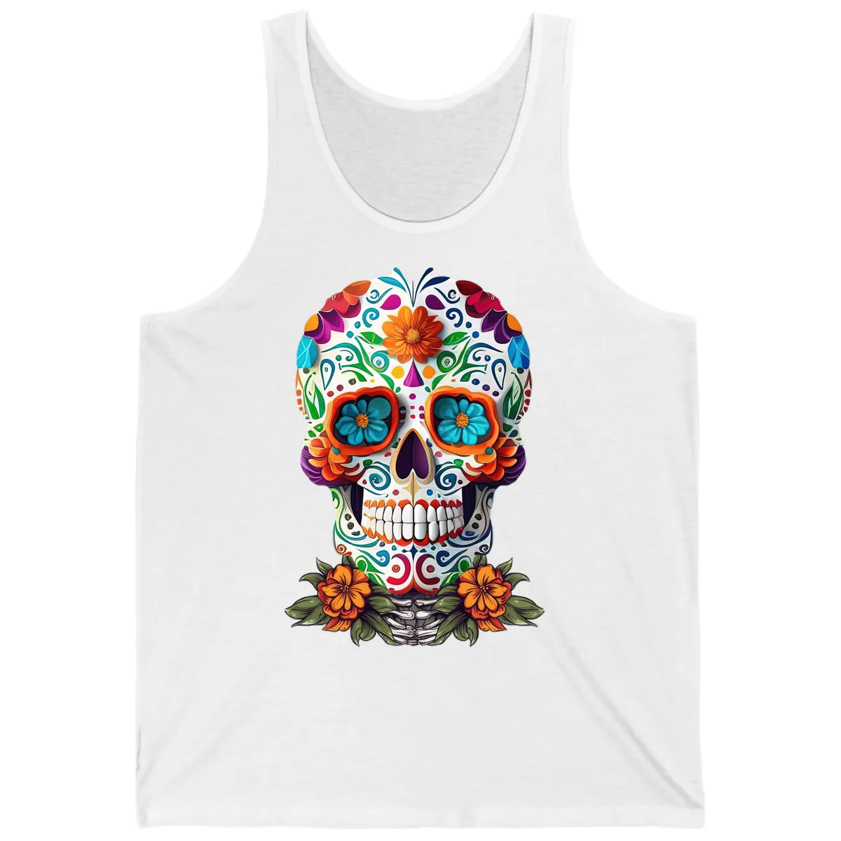 Vibrant Floral Calavera Day of the Dead Skull Tank in White