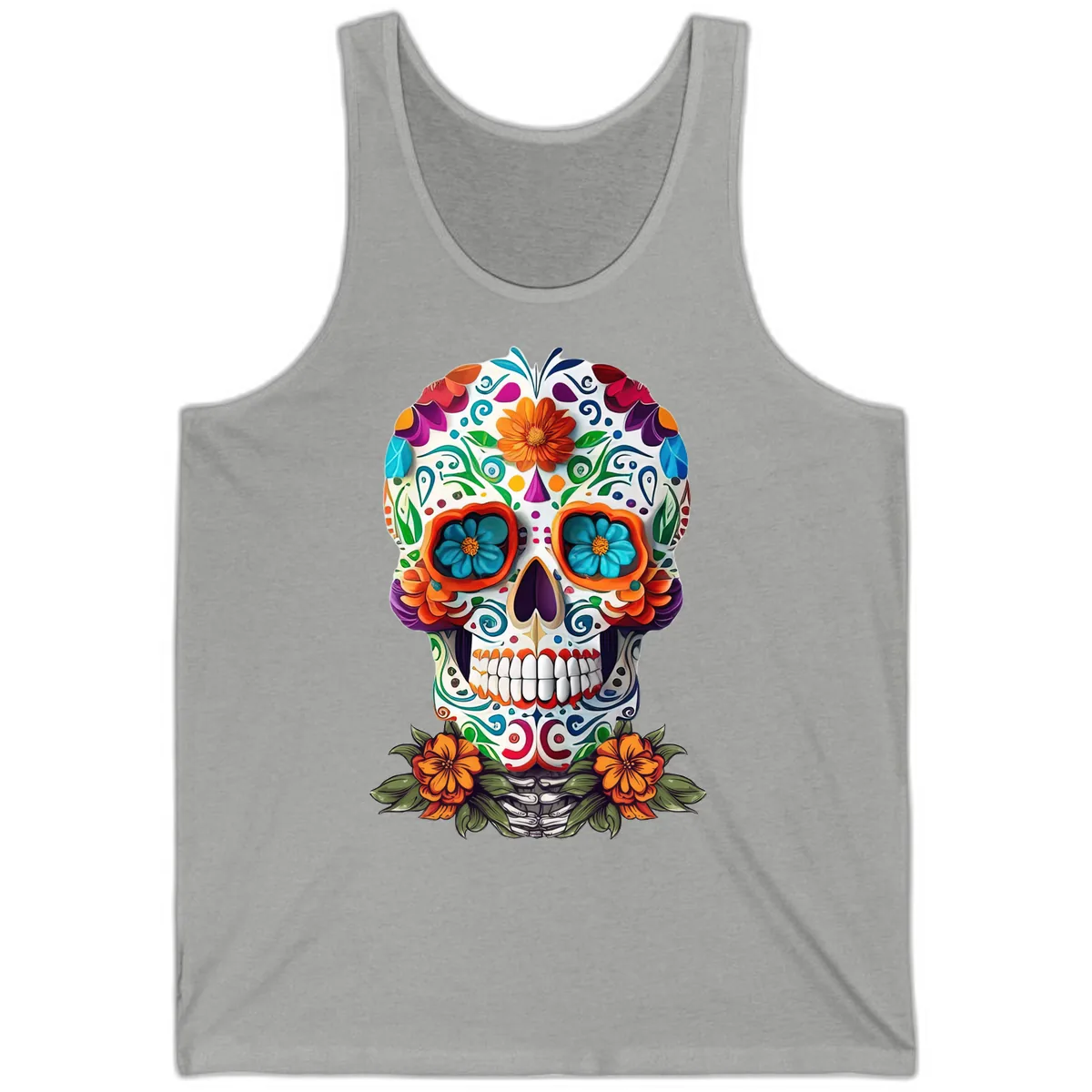 Vibrant Floral Calavera Day of the Dead Skull Tank in Athletic Heather