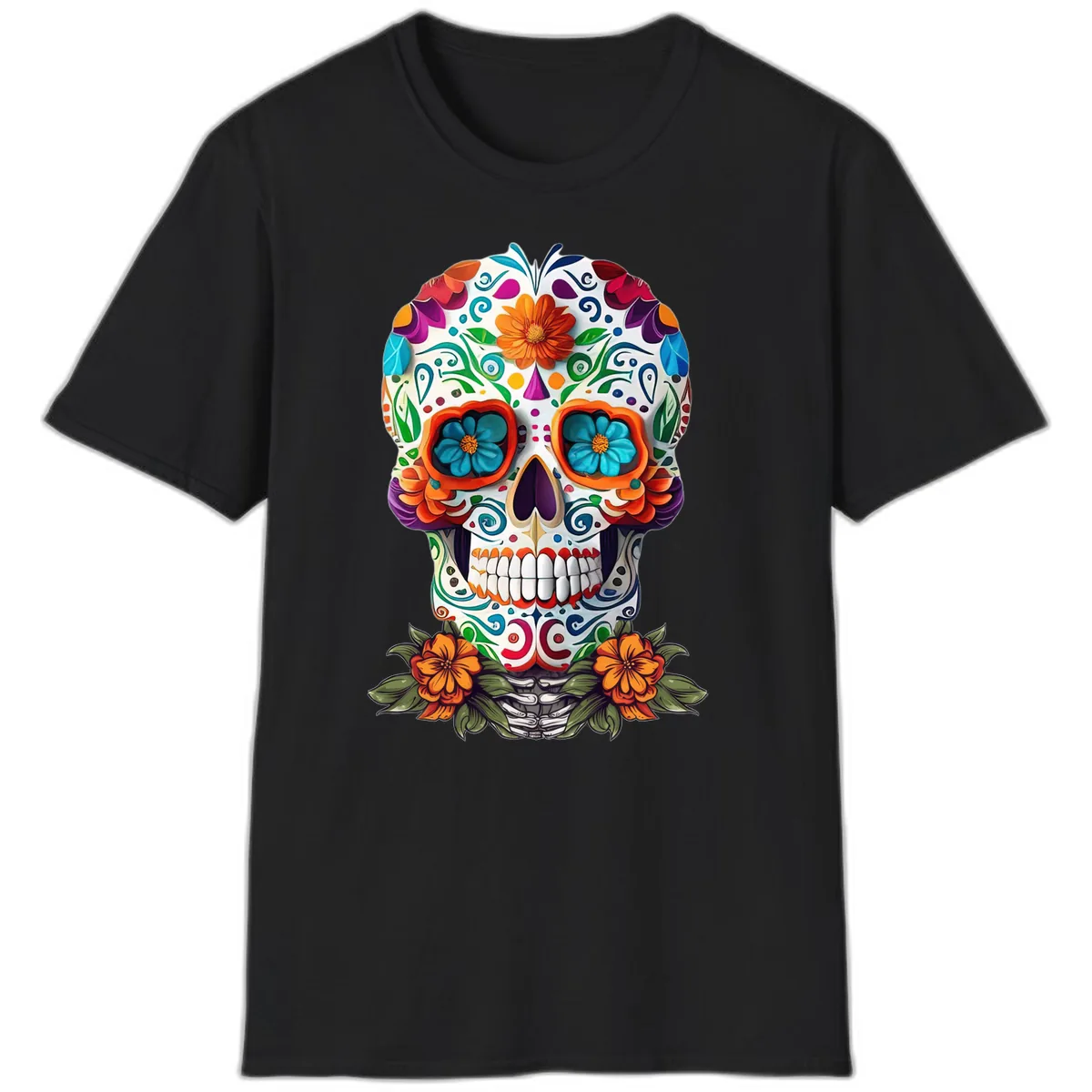 Vibrant Floral Calavera Day of the Dead Skull T-Shirt in Black
