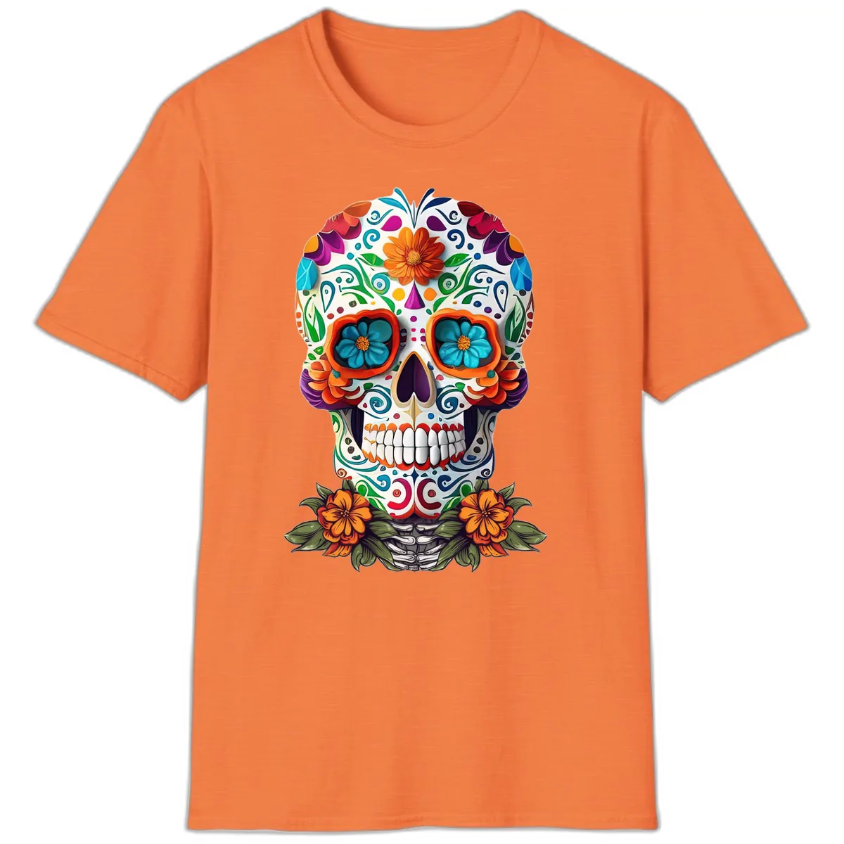 Vibrant Floral Calavera Day of the Dead Skull T-Shirt in Heather Orange