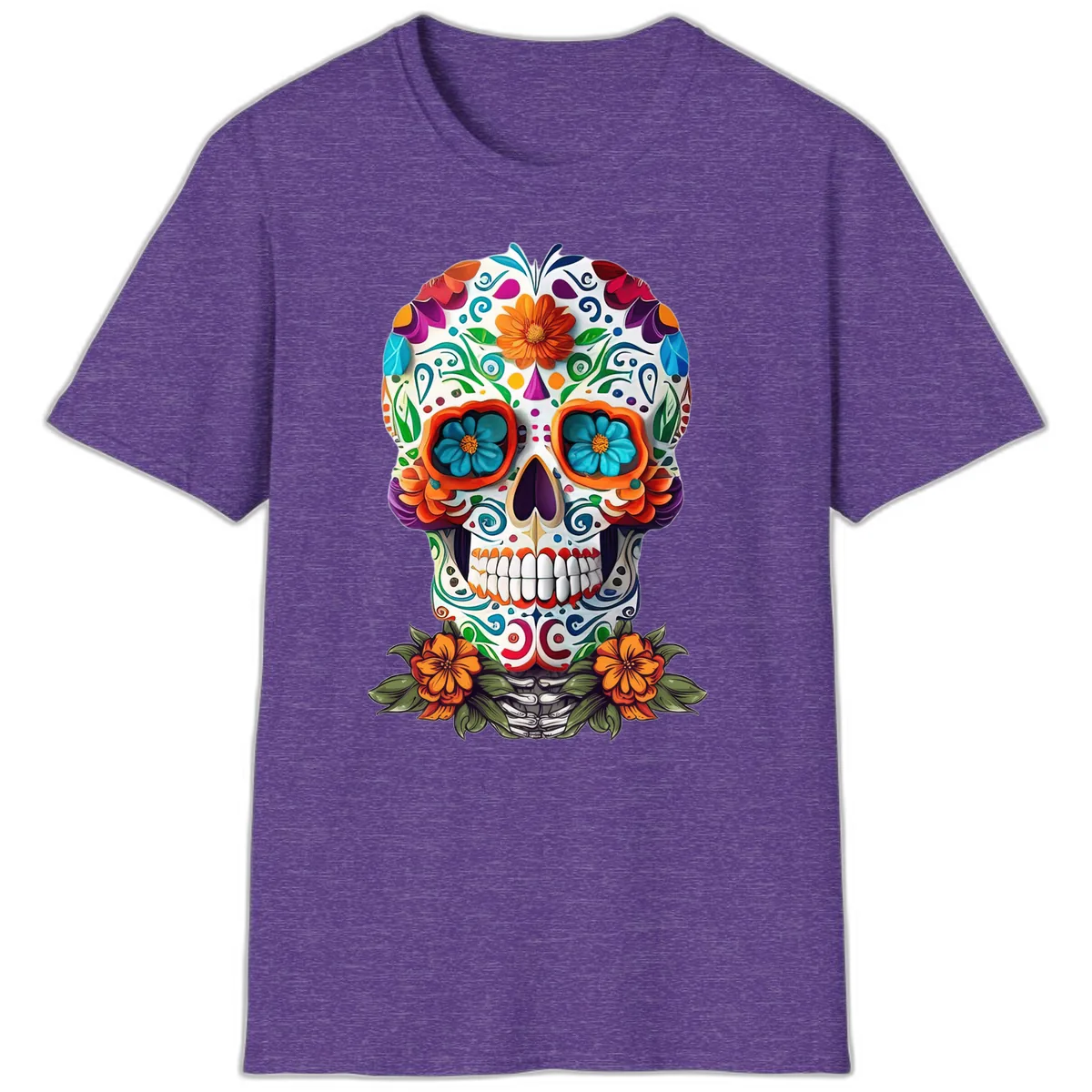 Vibrant Floral Calavera Day of the Dead Skull T-Shirt in Heather Purple