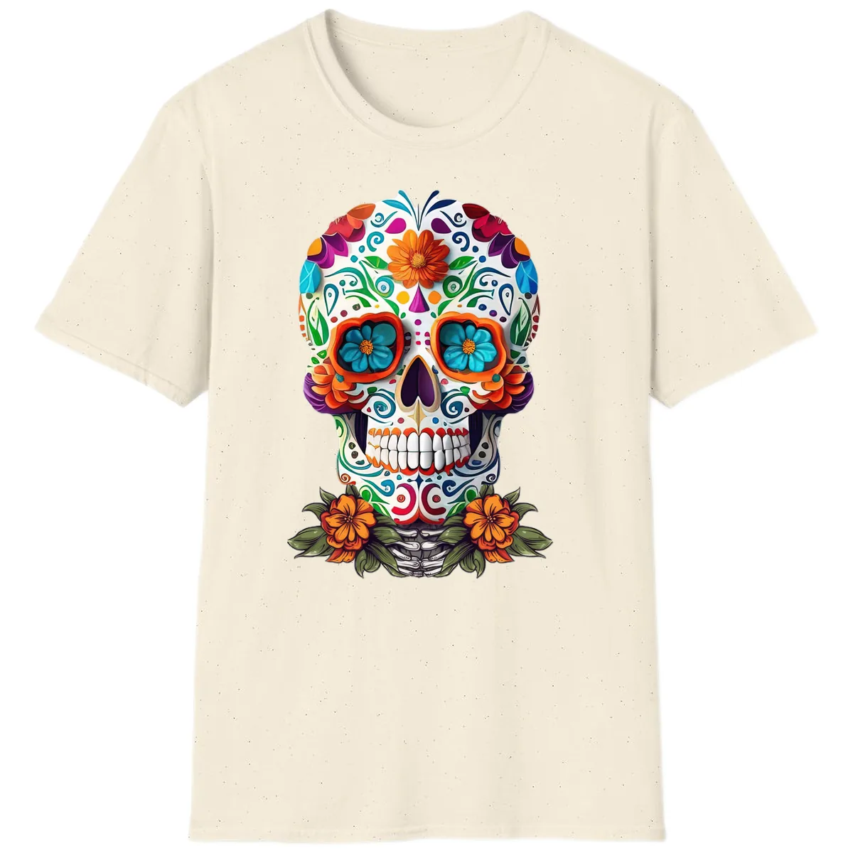 Vibrant Floral Calavera Day of the Dead Skull T-Shirt in Natural