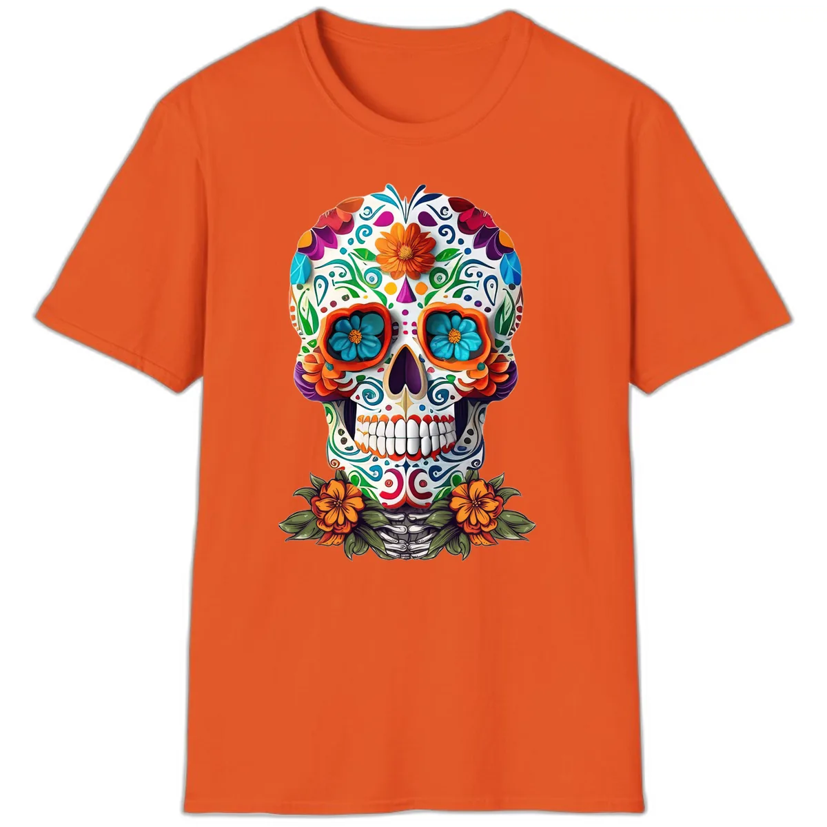 Vibrant Floral Calavera Day of the Dead Skull T-Shirt in Orange