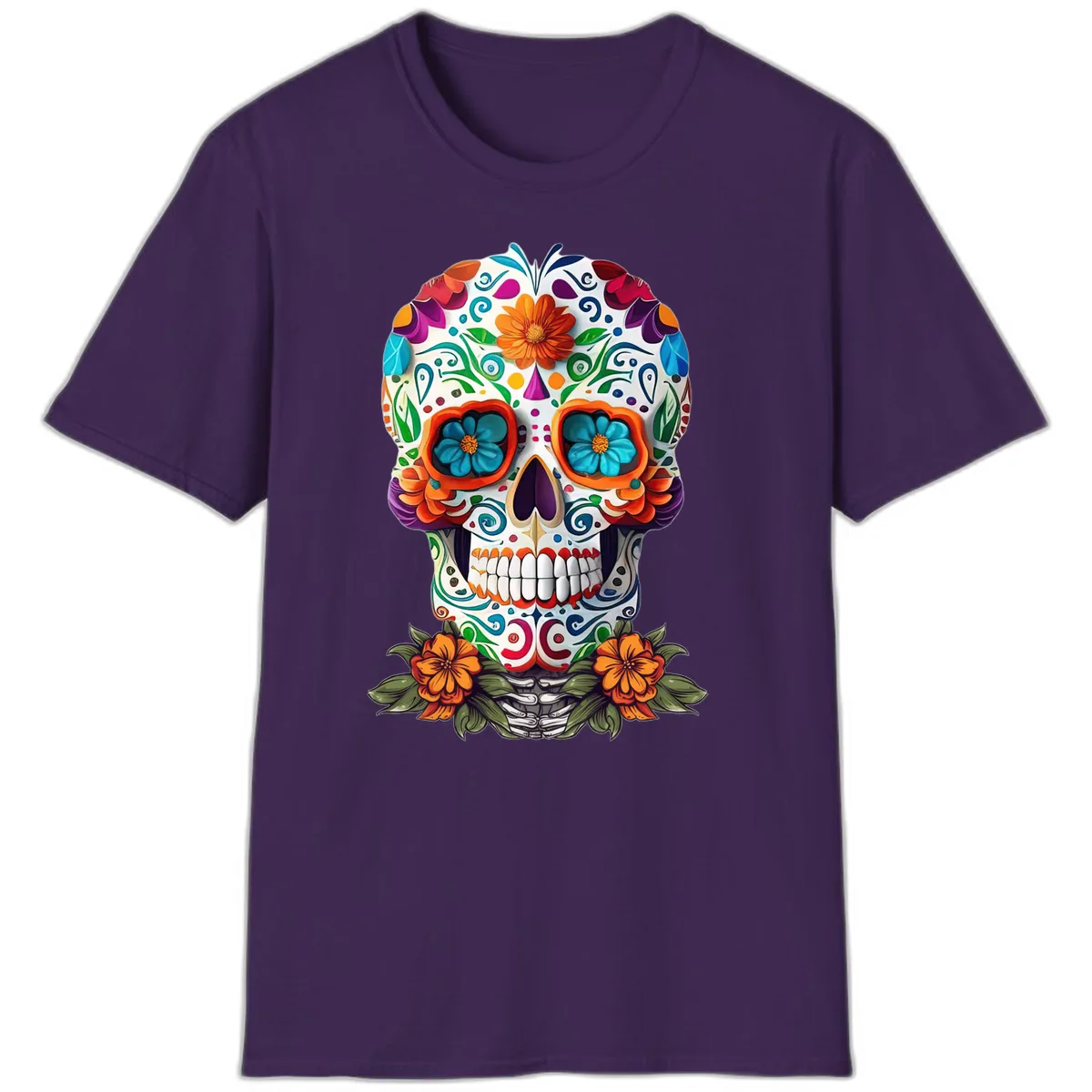 Vibrant Floral Calavera Day of the Dead Skull T-Shirt in Purple