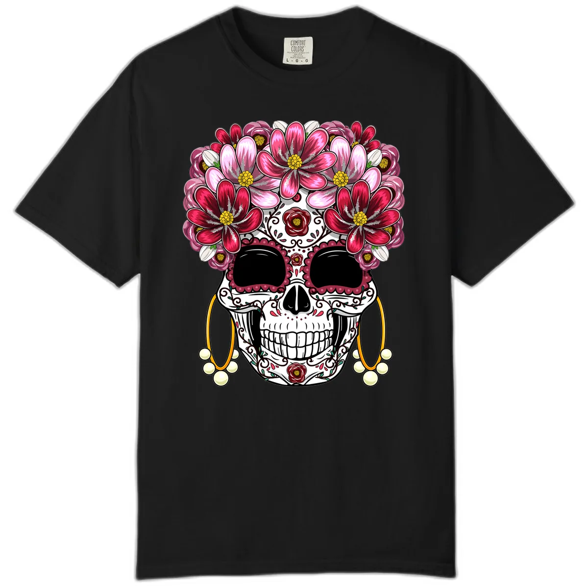 Elaborate Calavera with Vibrant Flower Crown Comfort Color in Black