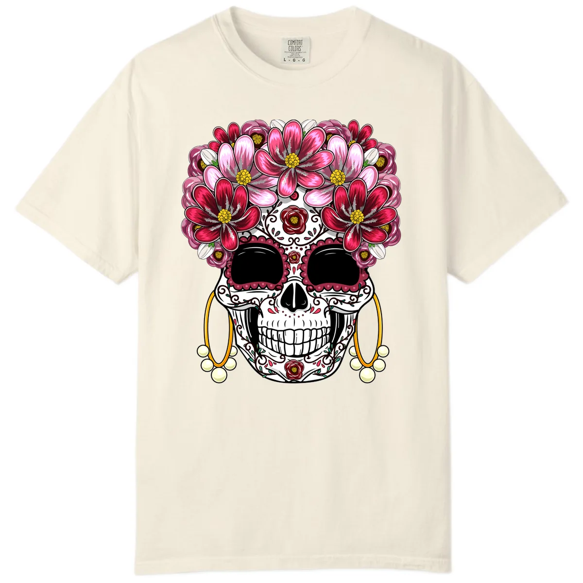 Elaborate Calavera with Vibrant Flower Crown Comfort Color in Ivory