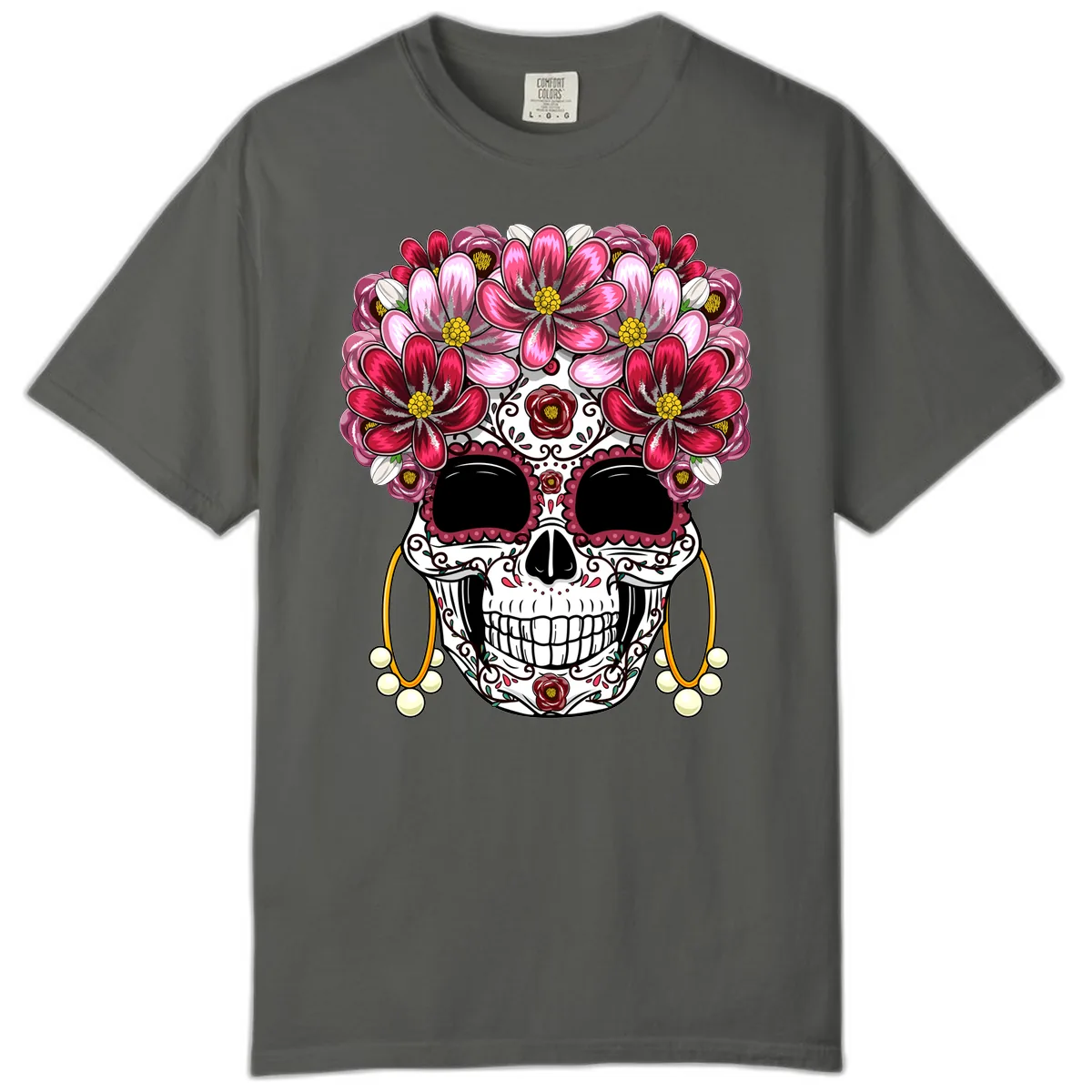 Elaborate Calavera with Vibrant Flower Crown Comfort Color in Pepper