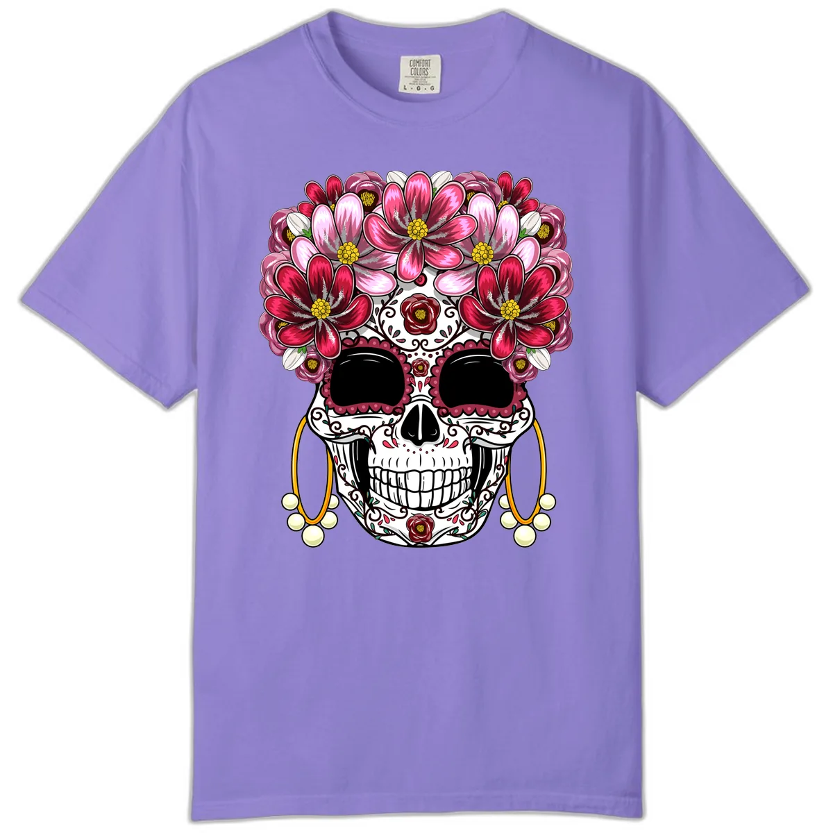Elaborate Calavera with Vibrant Flower Crown Comfort Color in Violet