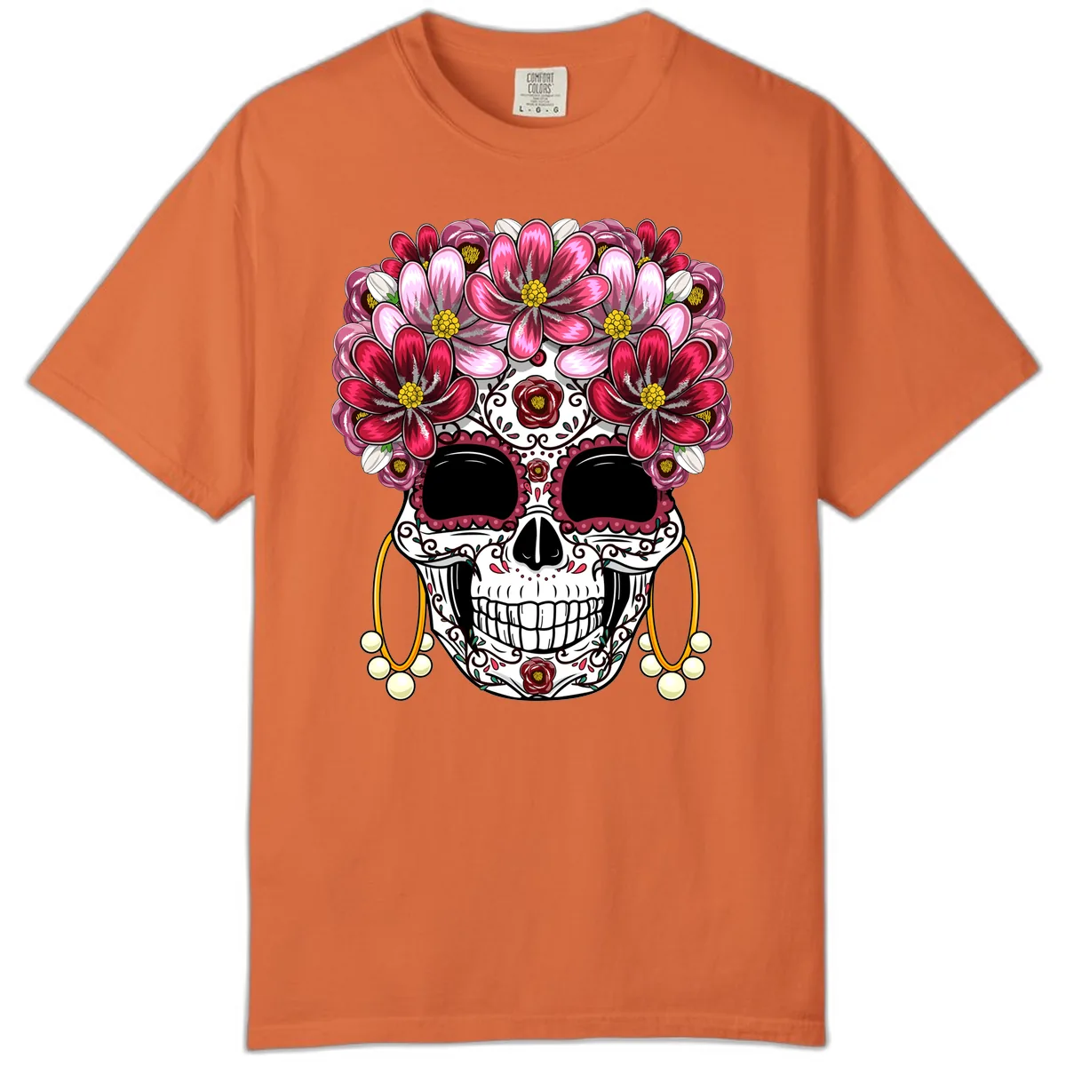 Elaborate Calavera with Vibrant Flower Crown Comfort Color in Burnt Orange