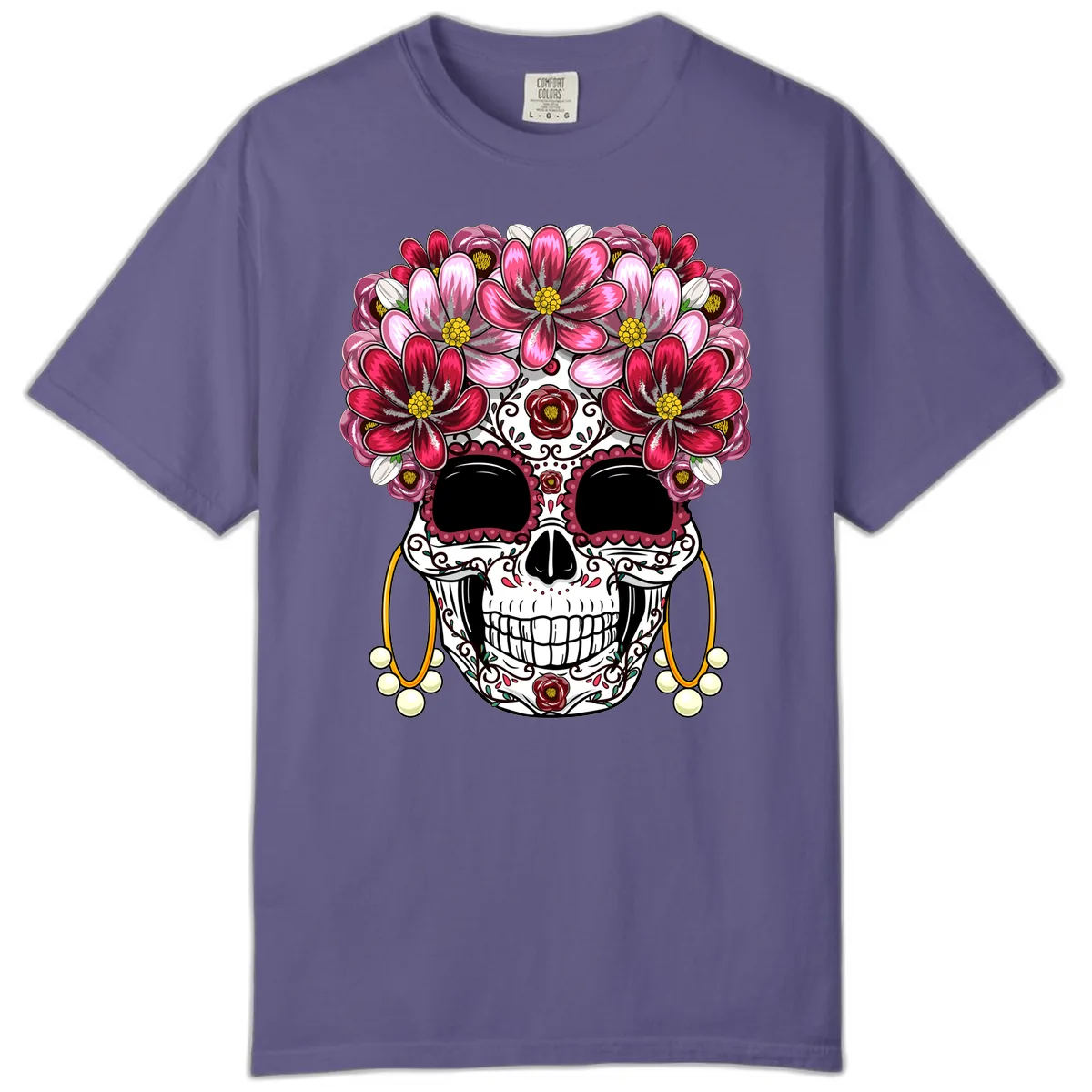 Elaborate Calavera with Vibrant Flower Crown Comfort Color in Grape