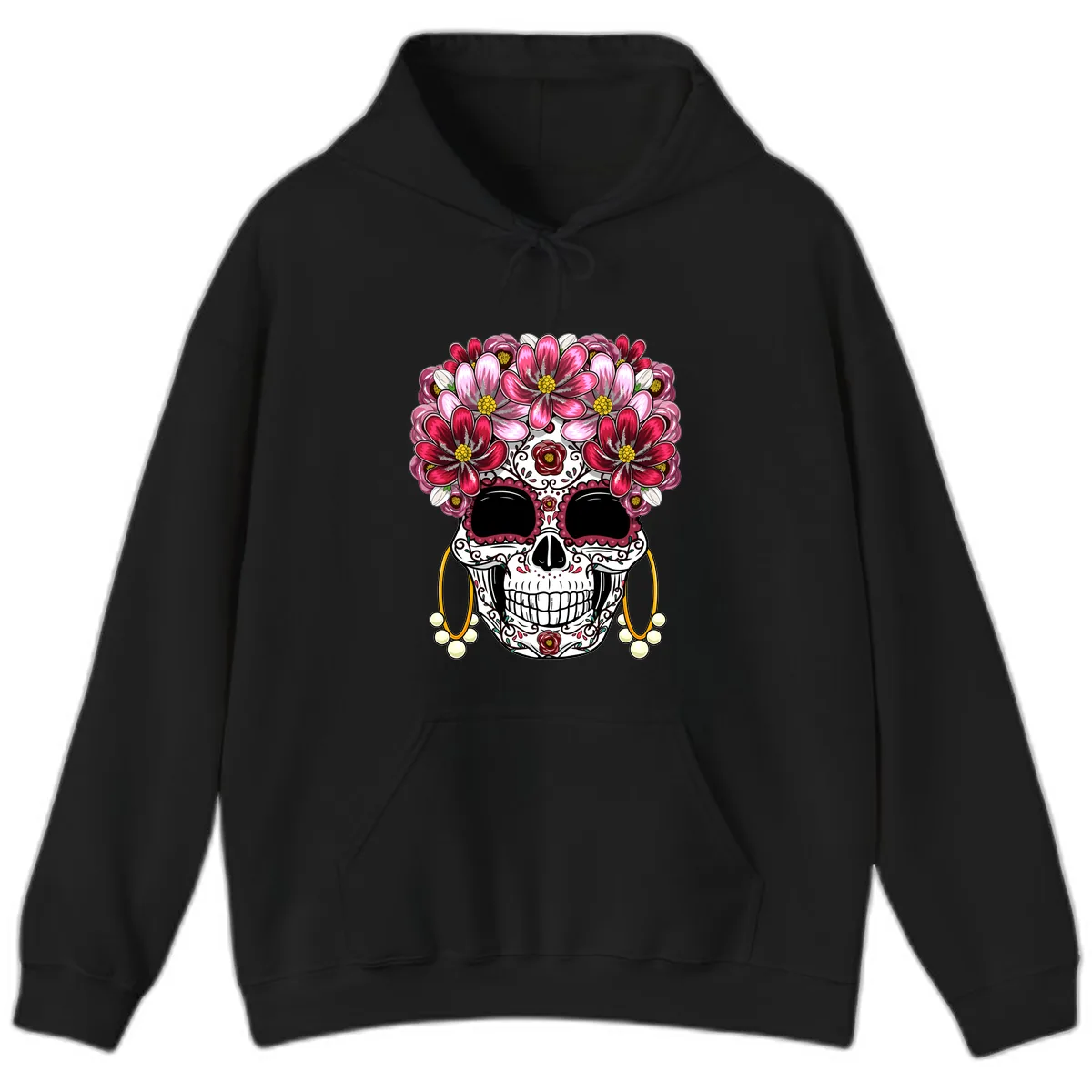 Elaborate Calavera with Vibrant Flower Crown Hoodie in Black