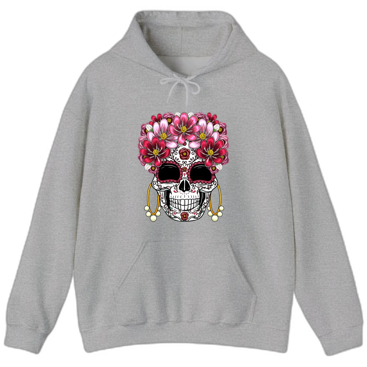 Elaborate Calavera with Vibrant Flower Crown Hoodie in Sport Grey