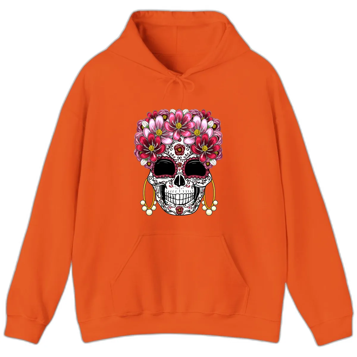 Elaborate Calavera with Vibrant Flower Crown Hoodie in Orange