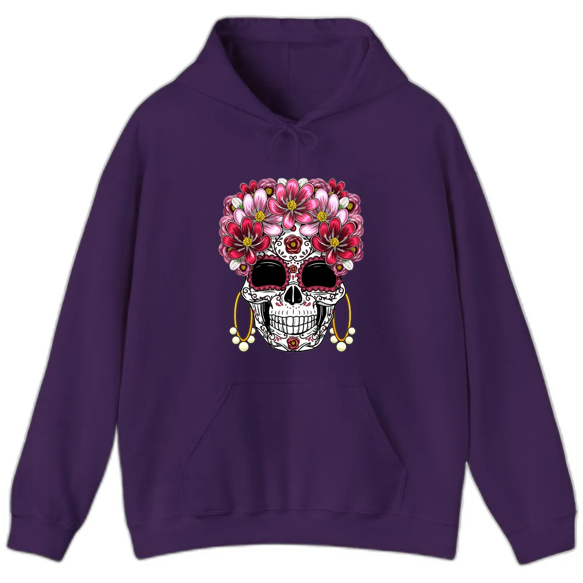 Elaborate Calavera with Vibrant Flower Crown Hoodie in Purple