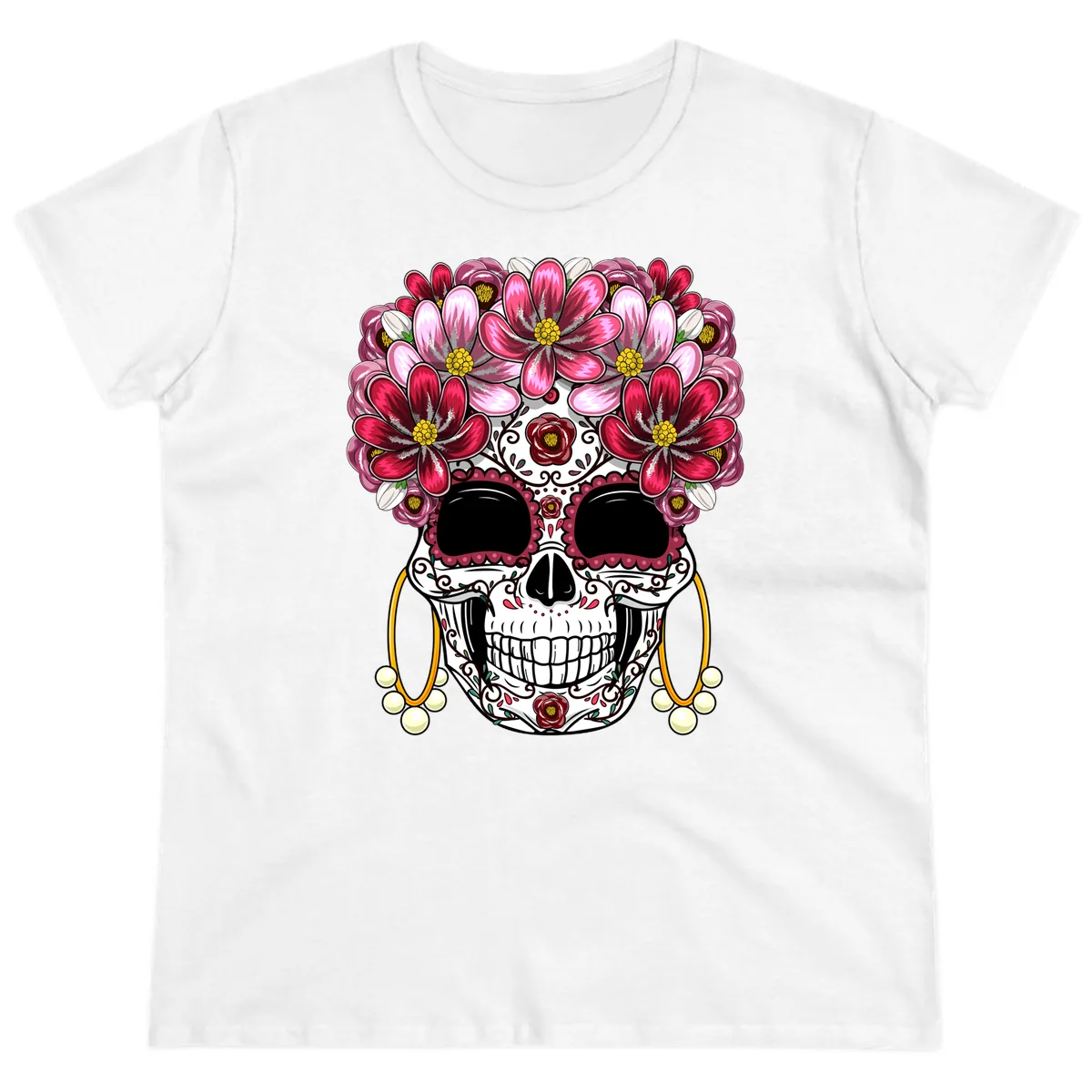 Elaborate Calavera with Vibrant Flower Crown Ladies Tee in White
