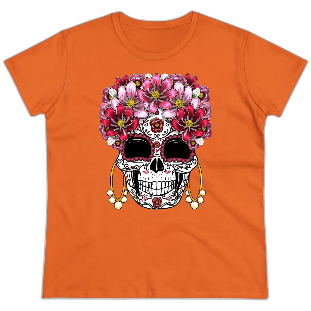 Elaborate Calavera with Vibrant Flower Crown Ladies Tee in Orange