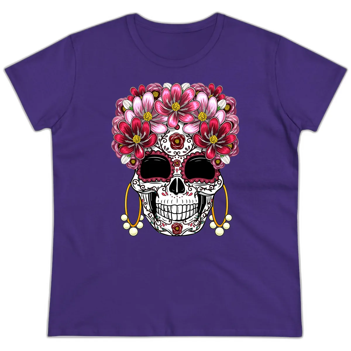 Elaborate Calavera with Vibrant Flower Crown Ladies Tee in Purple