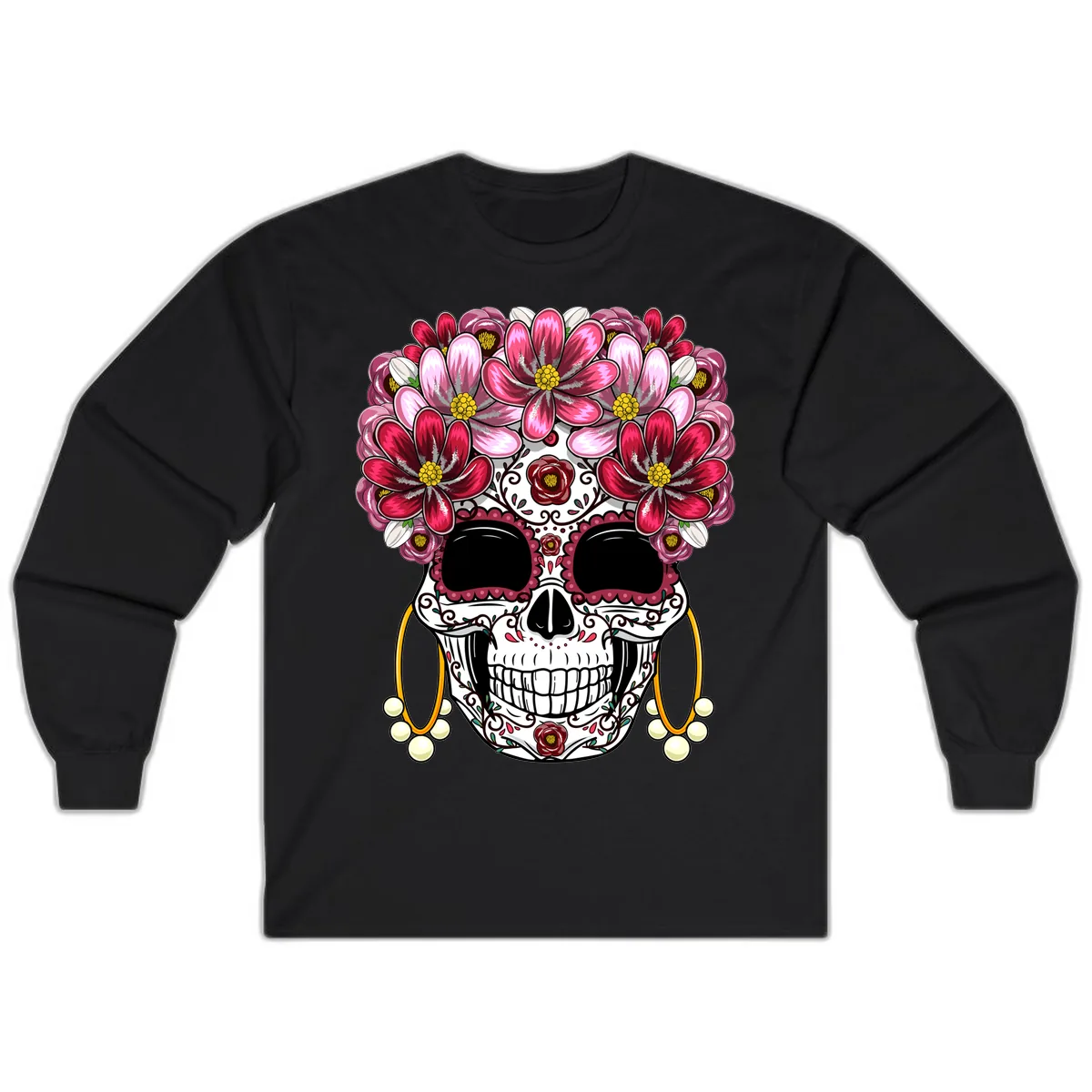Elaborate Calavera with Vibrant Flower Crown Long Sleeve in Black
