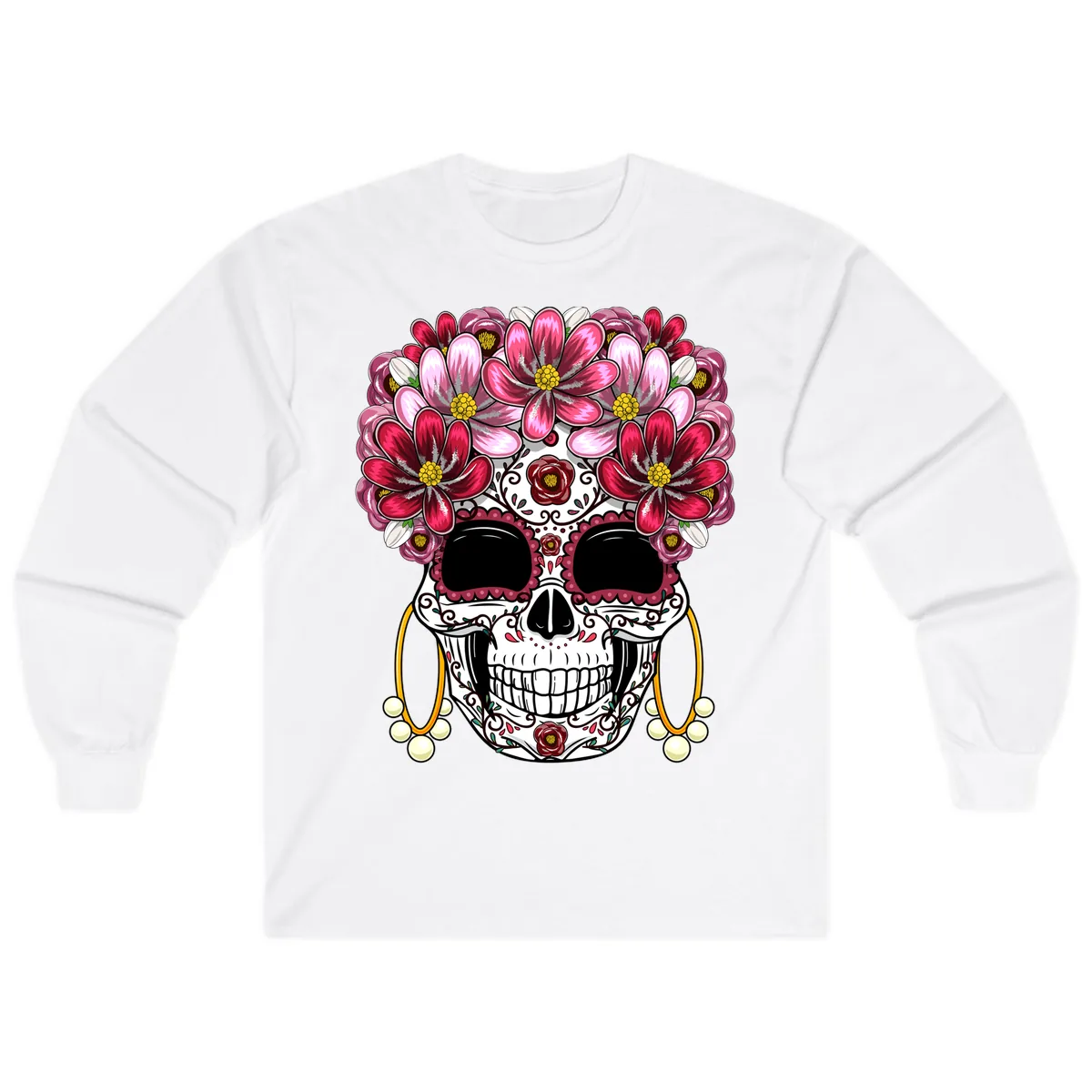 Elaborate Calavera with Vibrant Flower Crown Long Sleeve in White