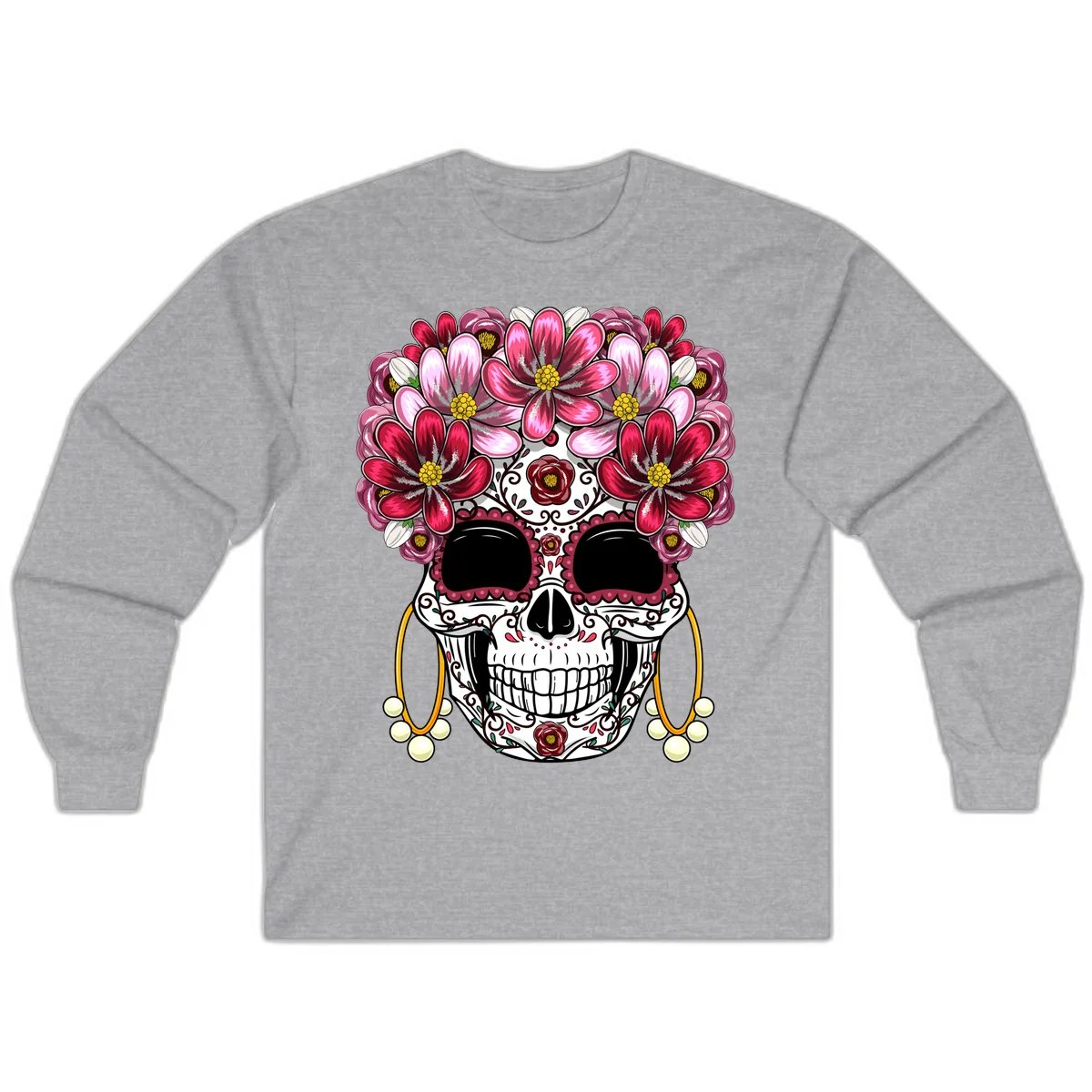 Elaborate Calavera with Vibrant Flower Crown Long Sleeve in Sport Grey