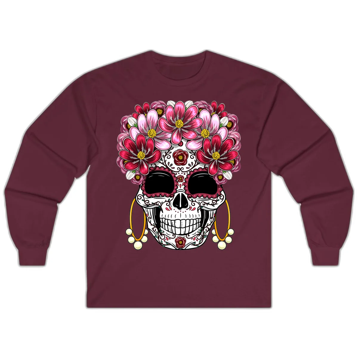 Elaborate Calavera with Vibrant Flower Crown Long Sleeve in Maroon
