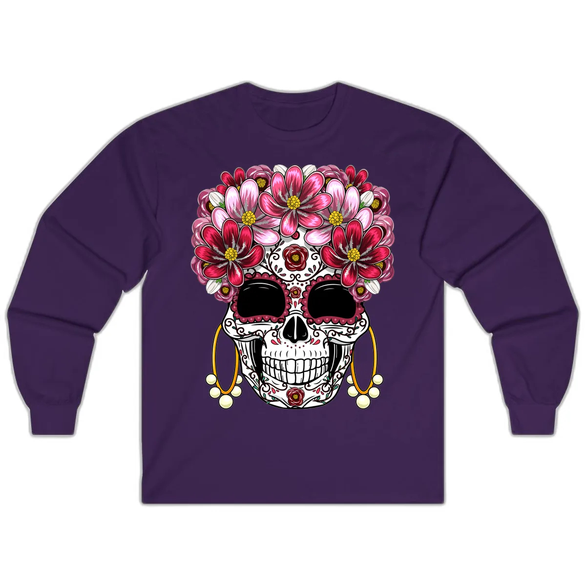 Elaborate Calavera with Vibrant Flower Crown Long Sleeve in Purple