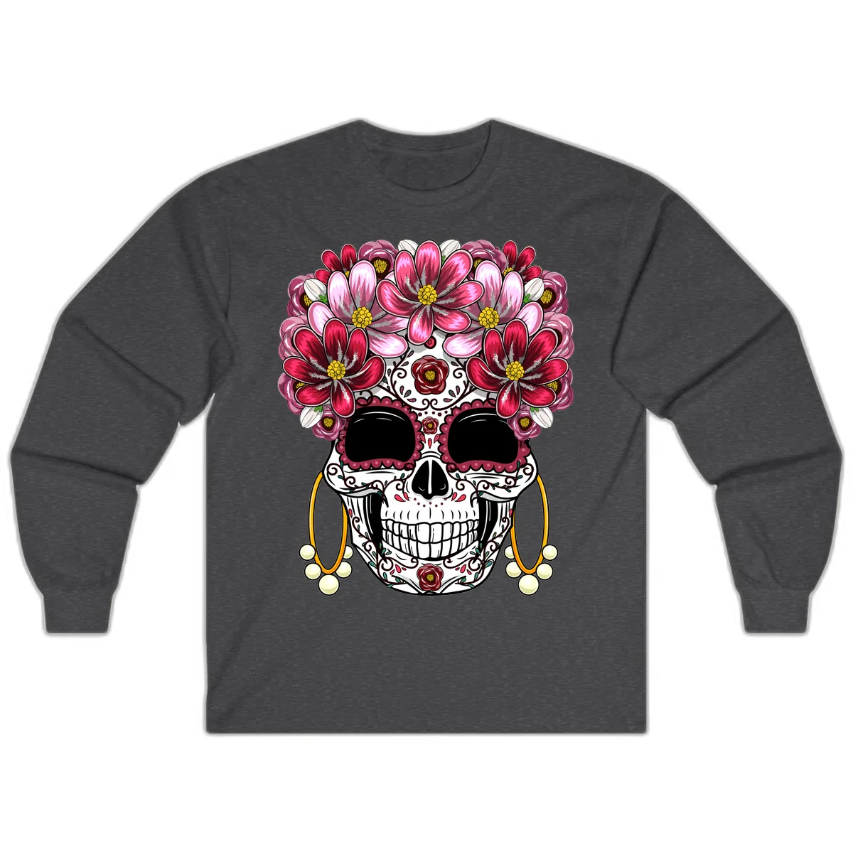 Elaborate Calavera with Vibrant Flower Crown Long Sleeve in Dark Heather
