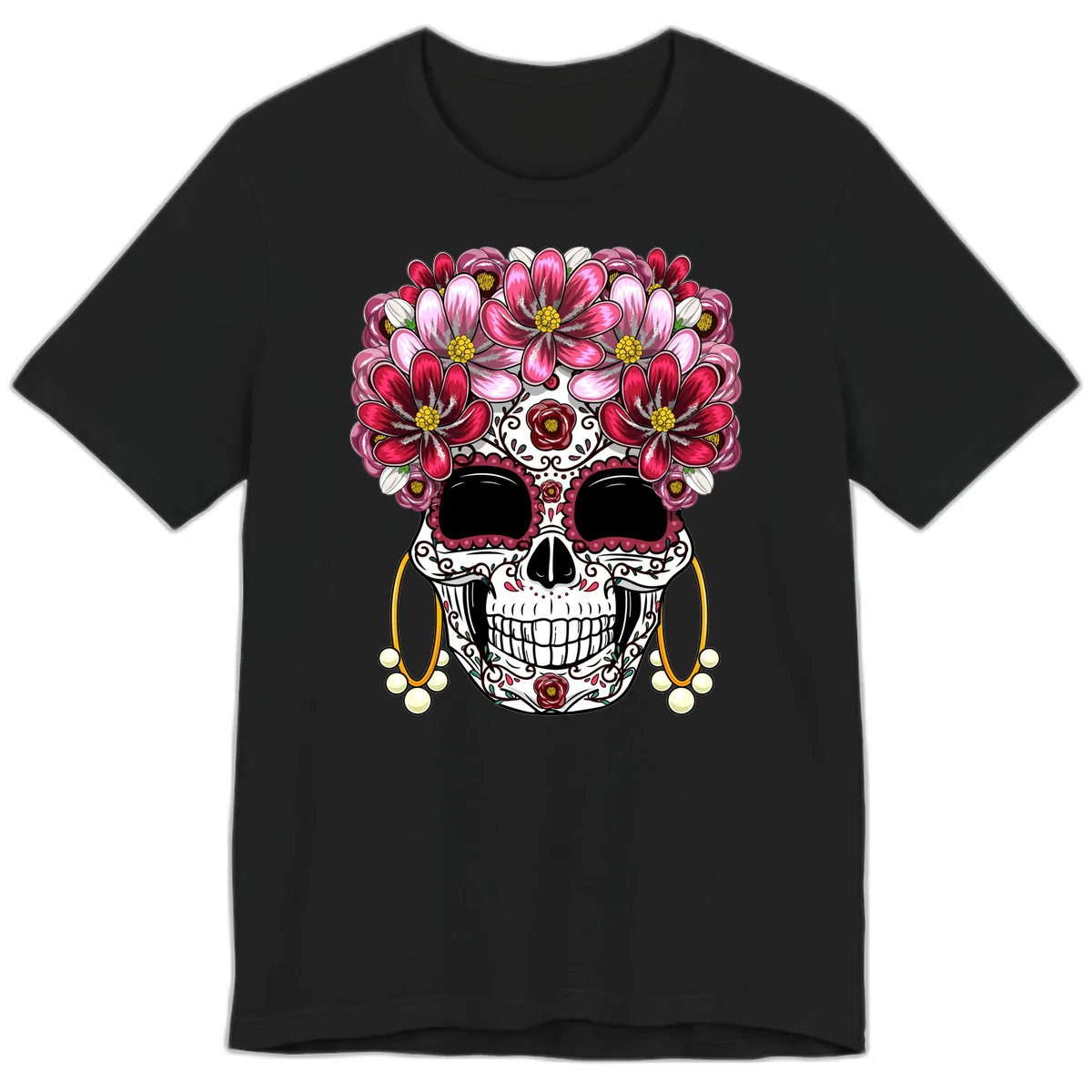 Elaborate Calavera with Vibrant Flower Crown Premium T-Shirt in Black