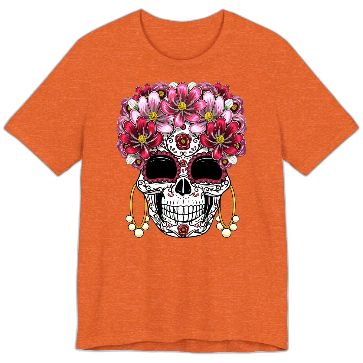 Elaborate Calavera with Vibrant Flower Crown Premium T-Shirt in Heather Orange