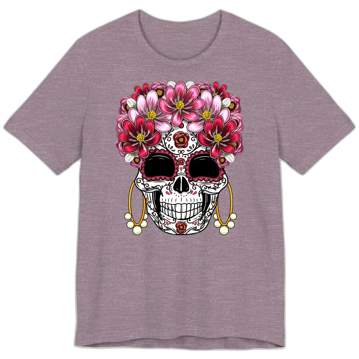 Elaborate Calavera with Vibrant Flower Crown Premium T-Shirt in Heather Purple