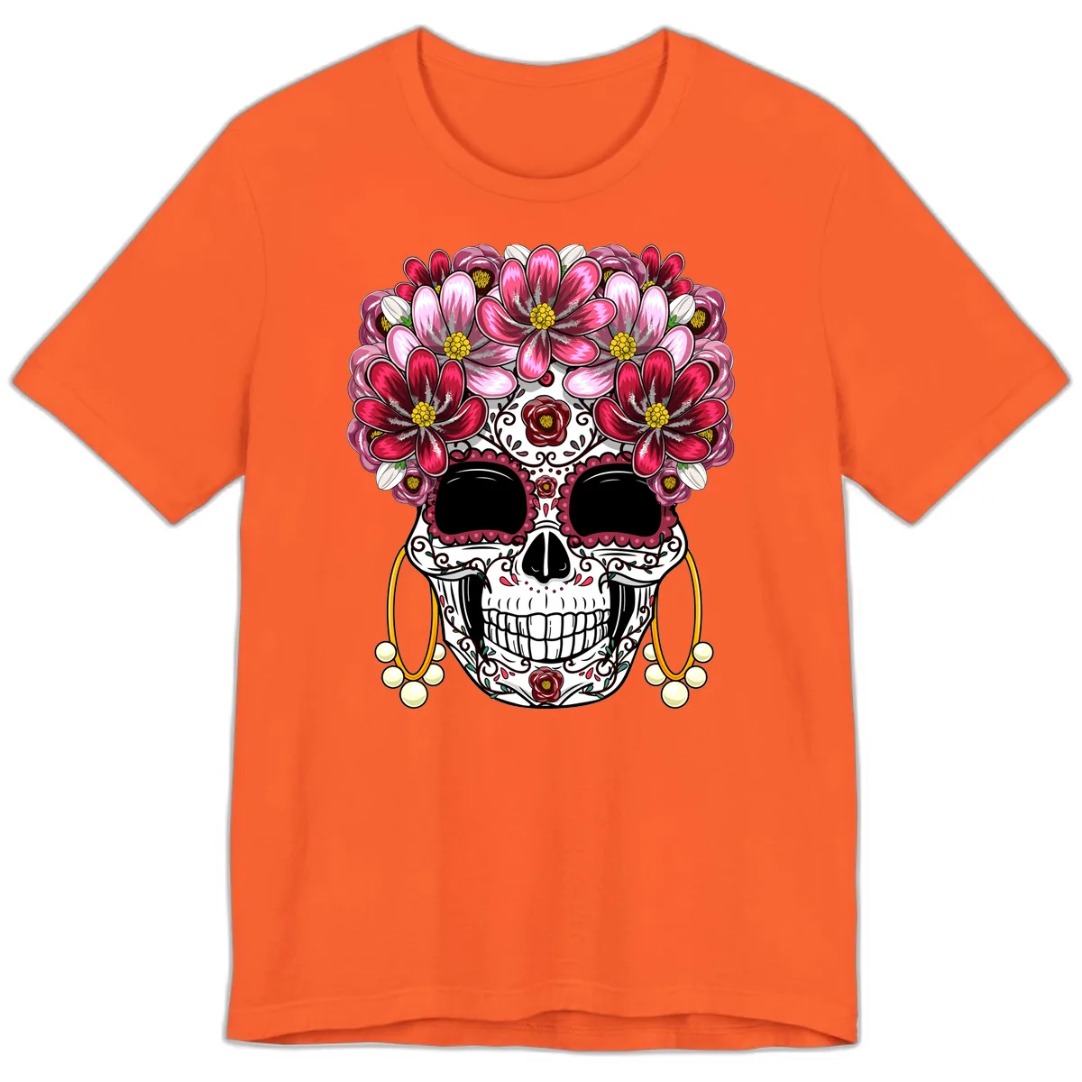 Elaborate Calavera with Vibrant Flower Crown Premium T-Shirt in Orange