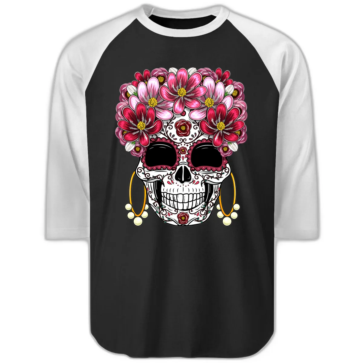 Elaborate Calavera with Vibrant Flower Crown Raglan 3/4 in Black White