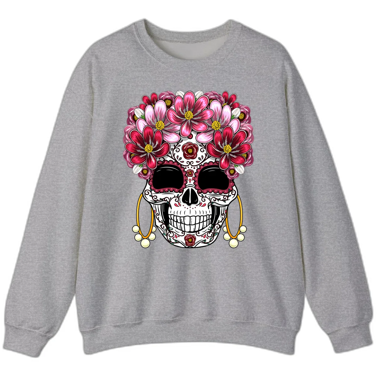 Elaborate Calavera with Vibrant Flower Crown Sweatshirt in Sport Grey