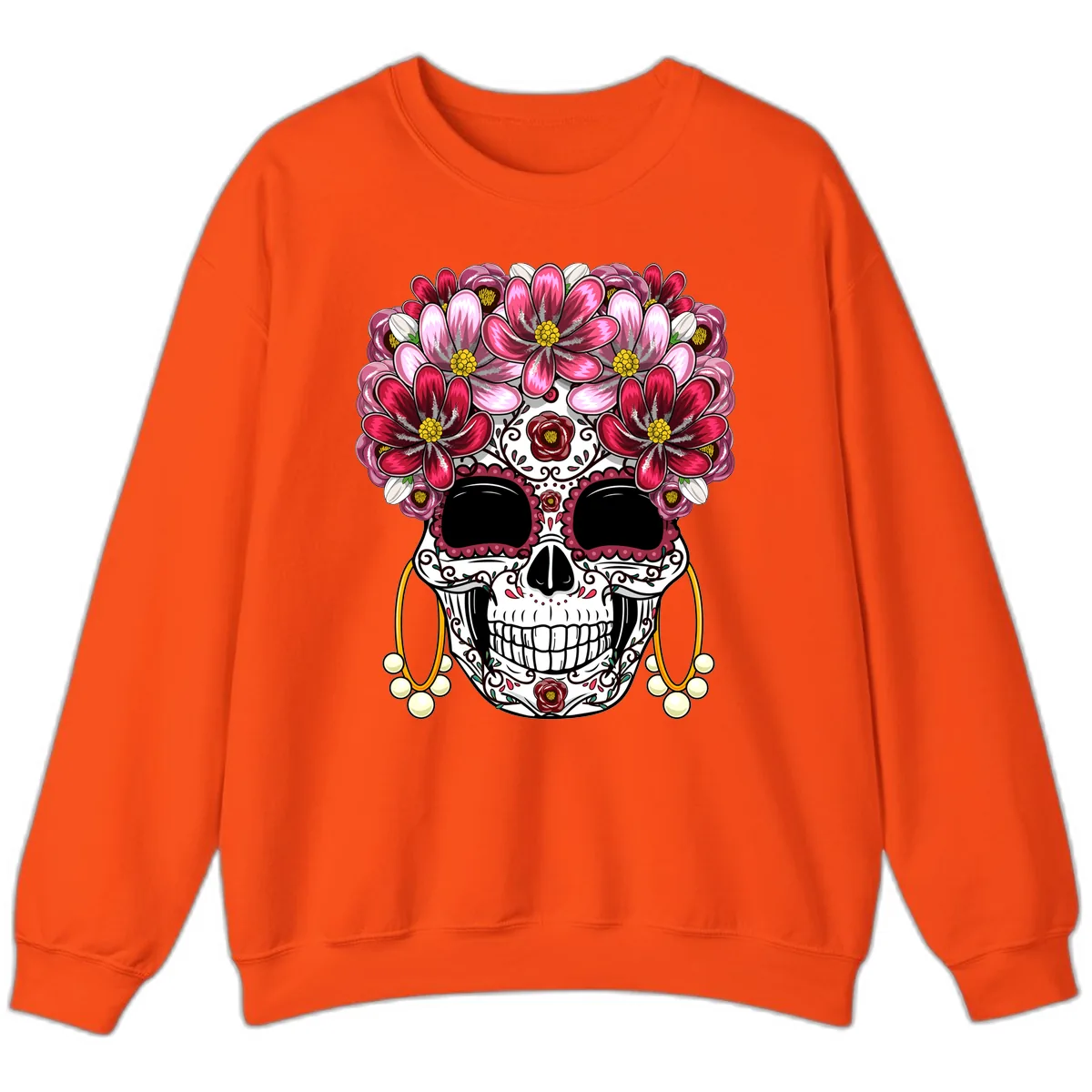 Elaborate Calavera with Vibrant Flower Crown Sweatshirt in Orange