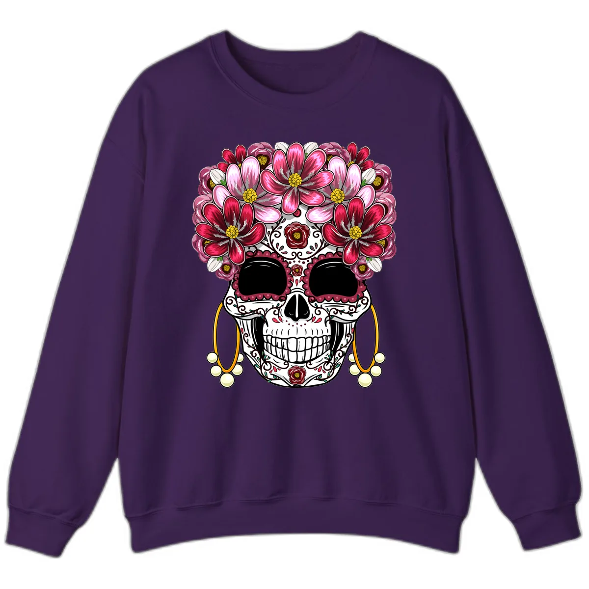 Elaborate Calavera with Vibrant Flower Crown Sweatshirt in Purple