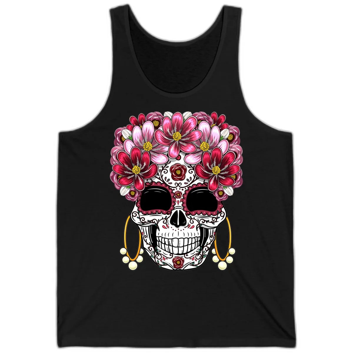 Elaborate Calavera with Vibrant Flower Crown Tank in Black