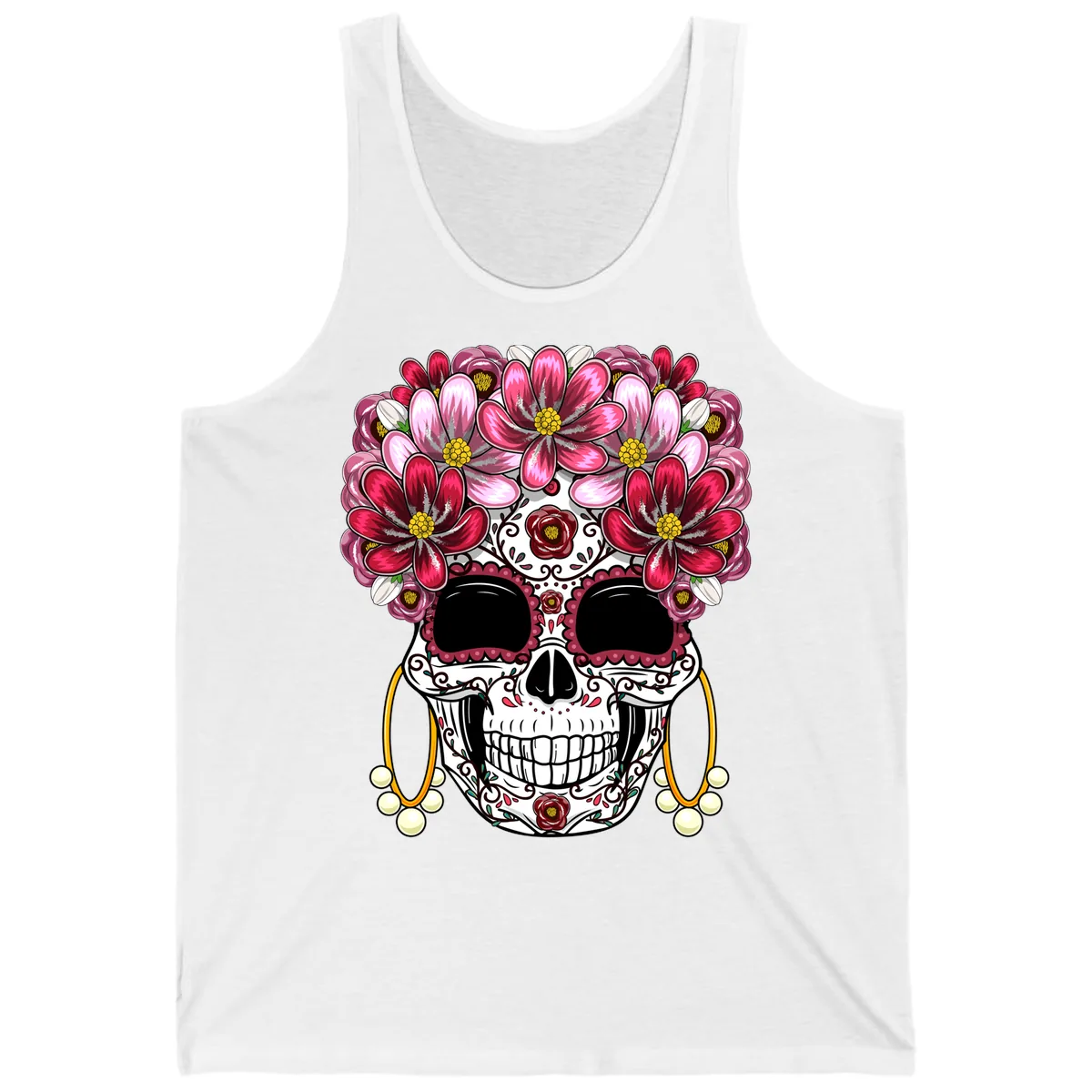 Elaborate Calavera with Vibrant Flower Crown Tank in White