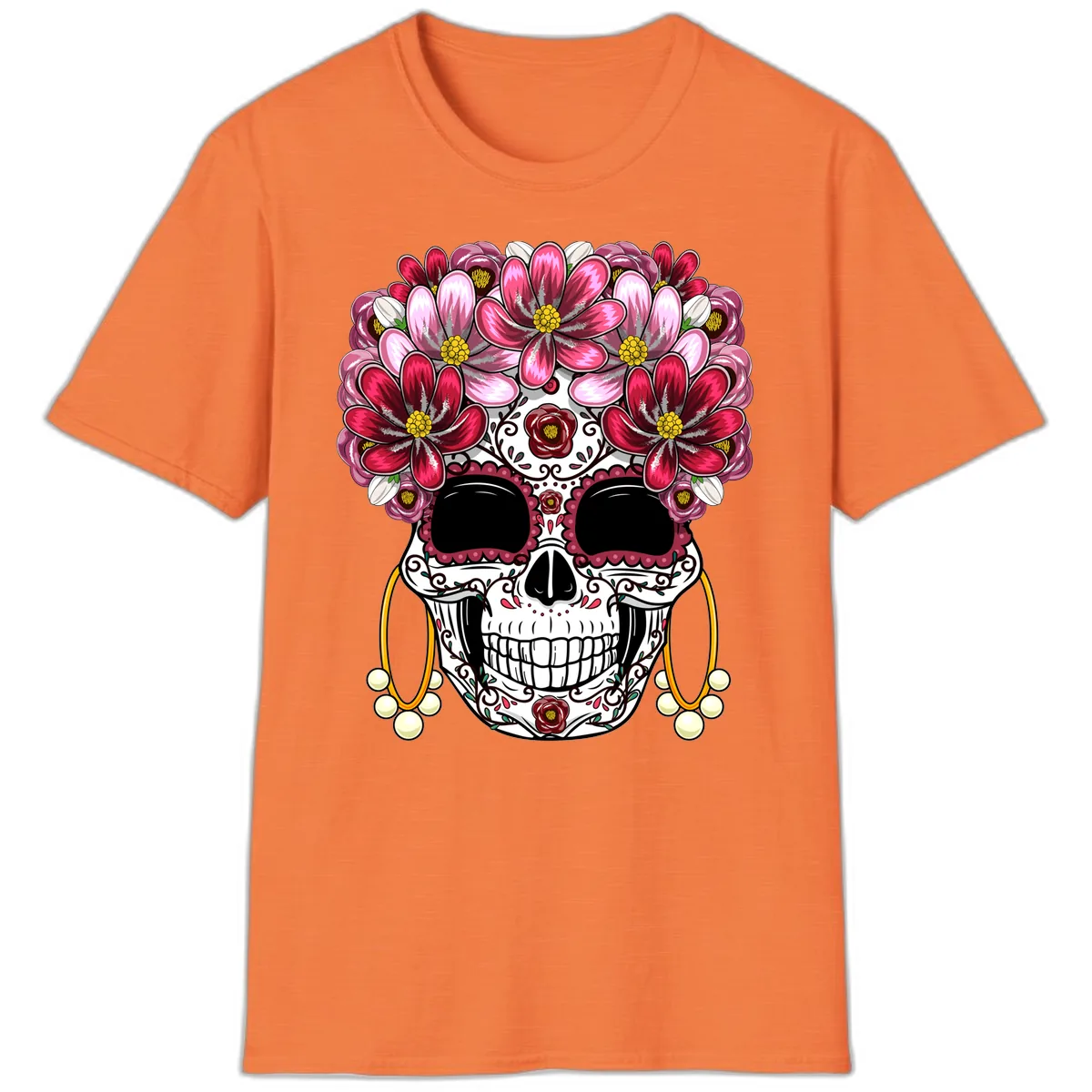 Elaborate Calavera with Vibrant Flower Crown T-Shirt in Heather Orange