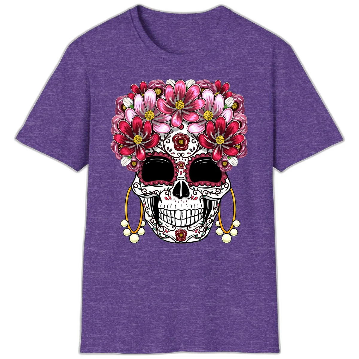 Elaborate Calavera with Vibrant Flower Crown T-Shirt in Heather Purple
