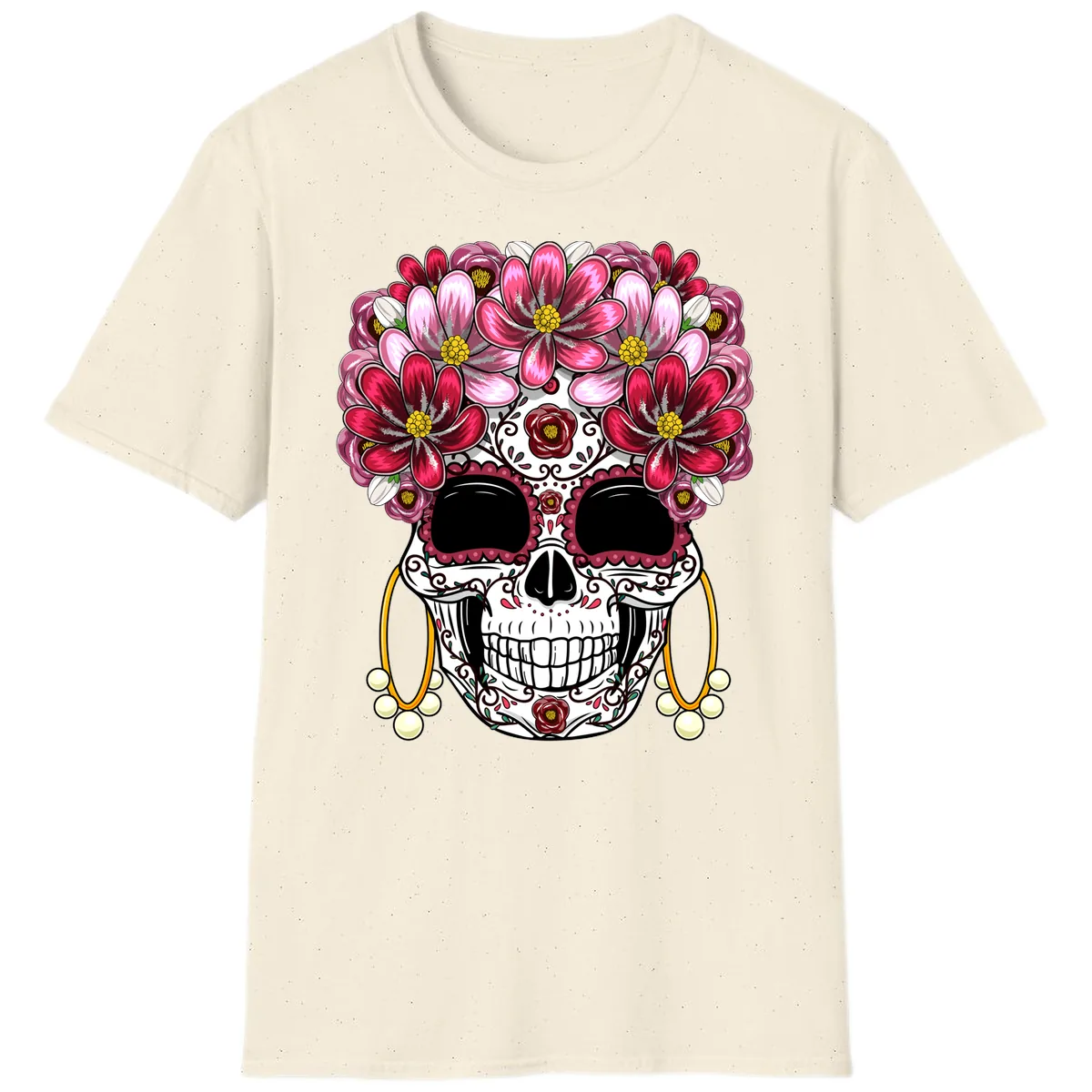 Elaborate Calavera with Vibrant Flower Crown T-Shirt in Natural
